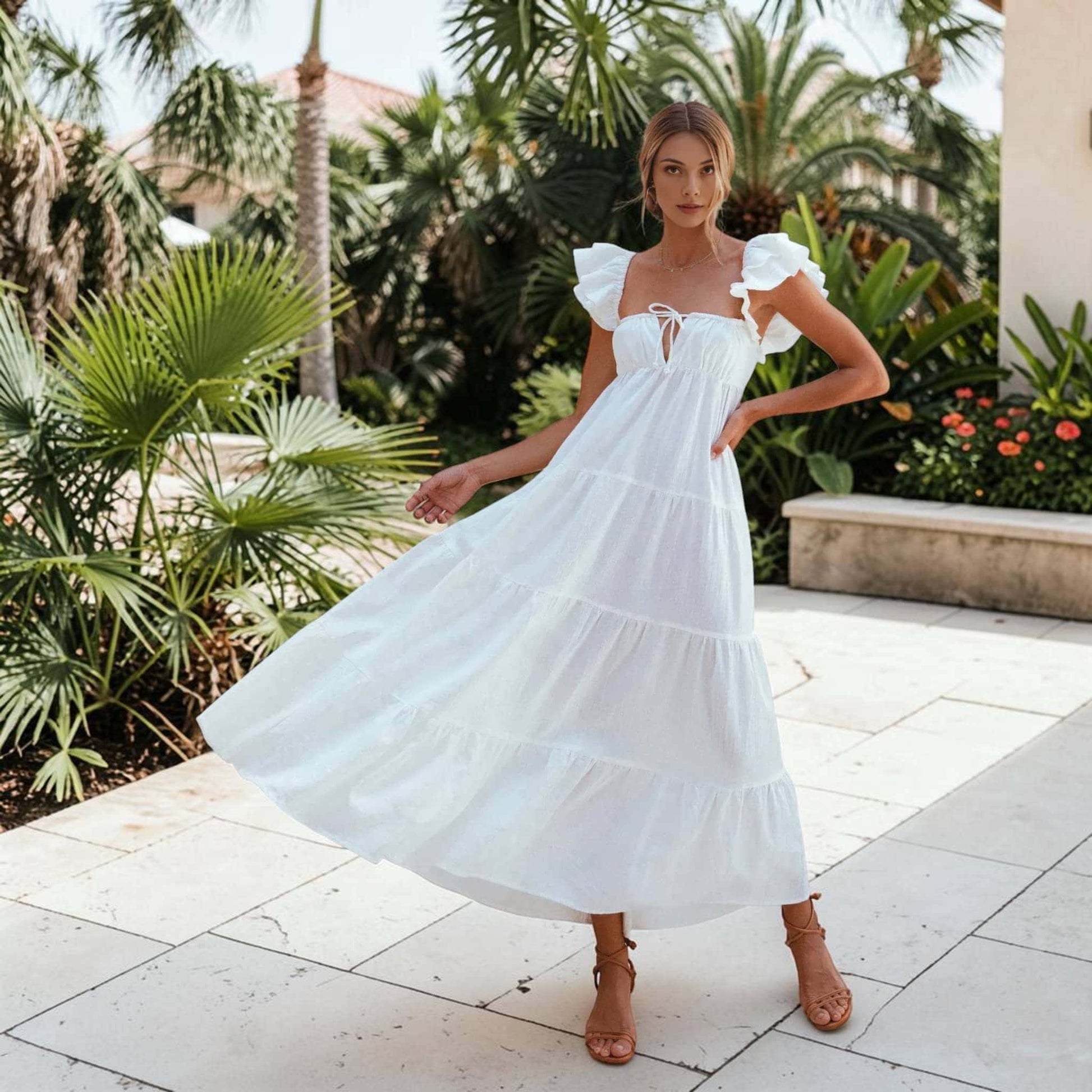 Tiered Linen Maxi Dress, Ruffle Strap