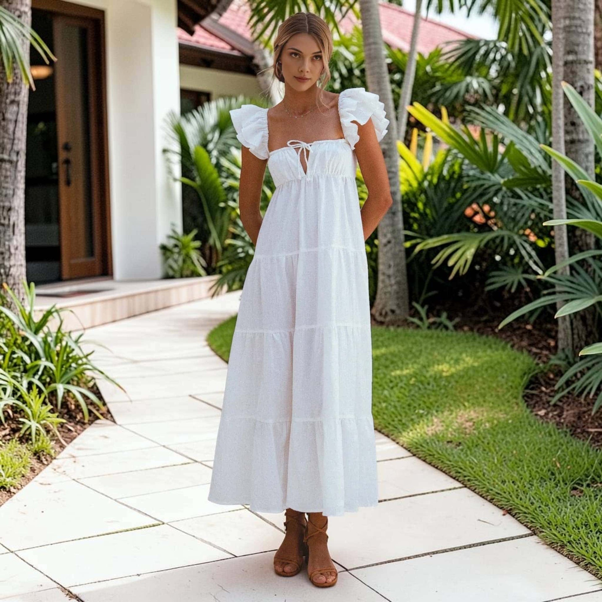 Tiered Linen Maxi Dress, Ruffle Strap