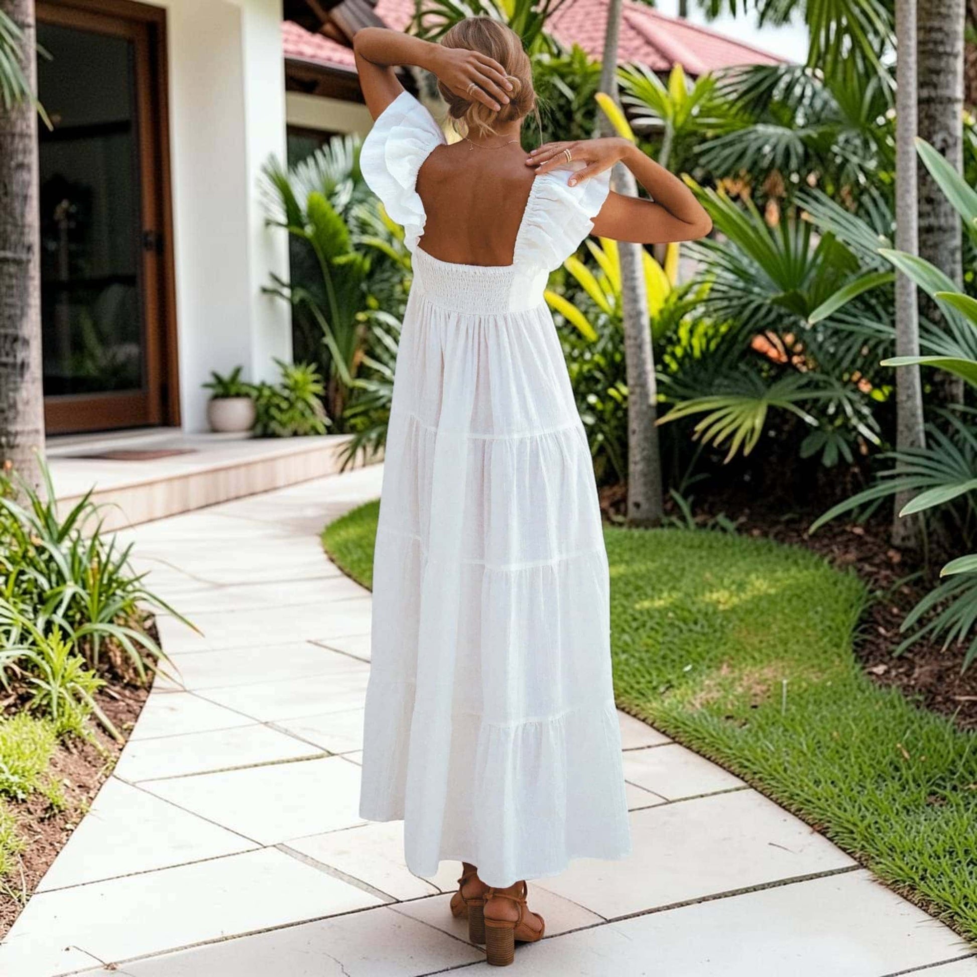 Tiered Linen Maxi Dress, Ruffle Strap