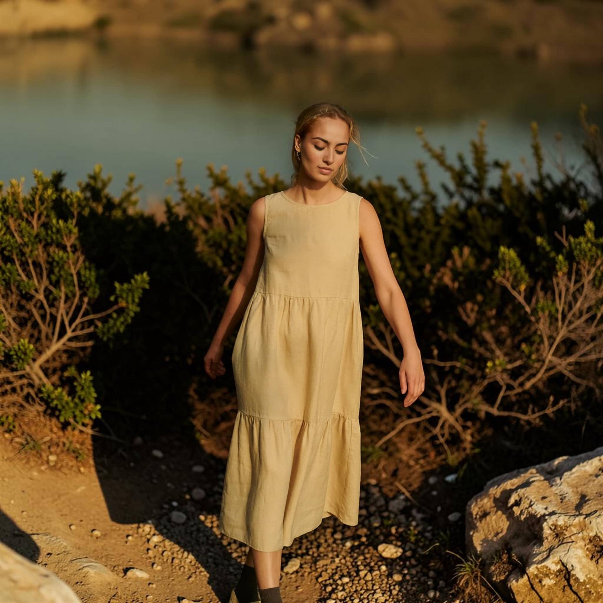 Tiered Linen Midi Dress, Sleeveless A Line