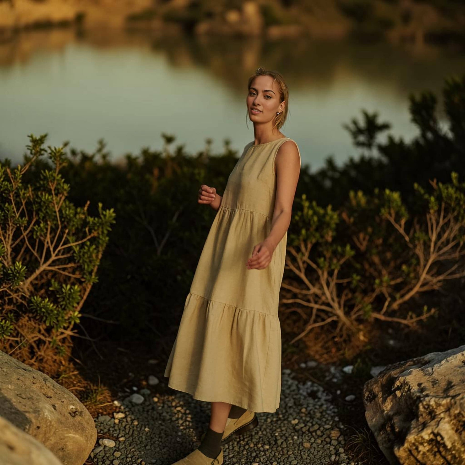 Tiered Linen Midi Dress, Sleeveless A Line