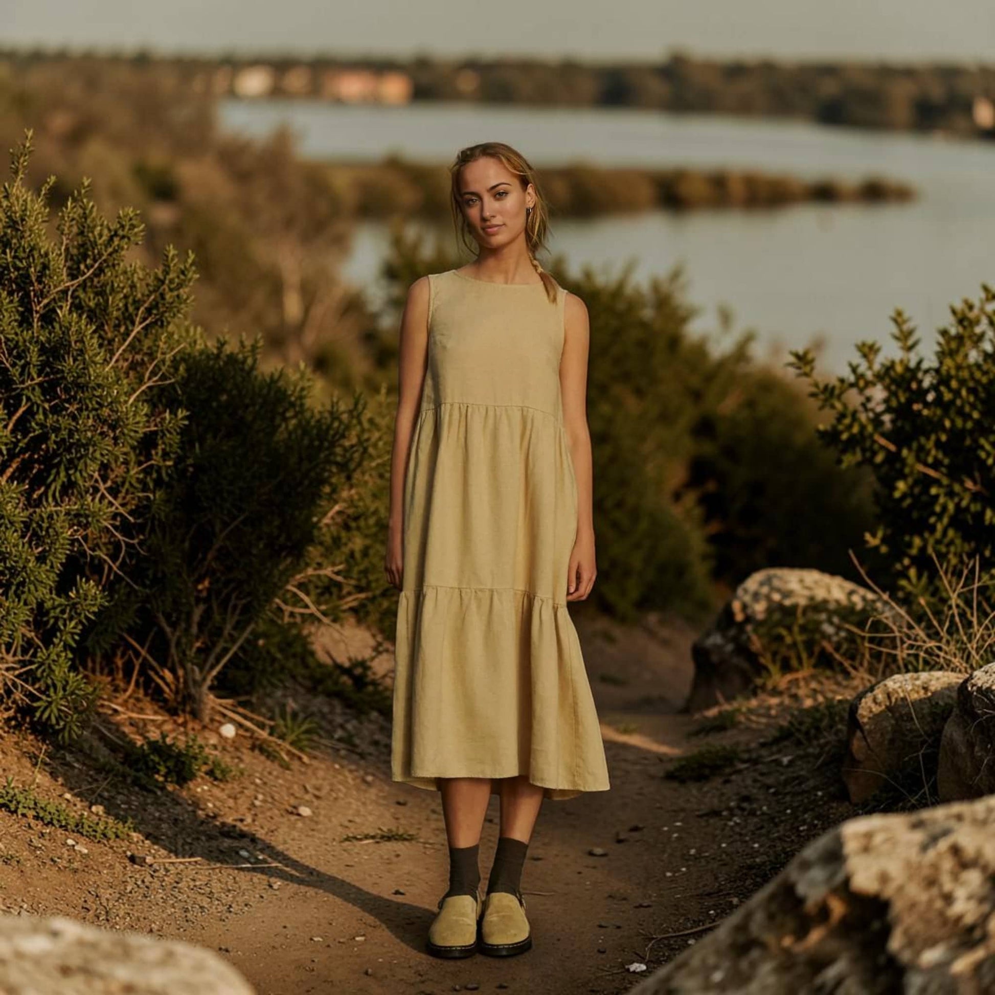 Tiered Linen Midi Dress, Sleeveless A Line