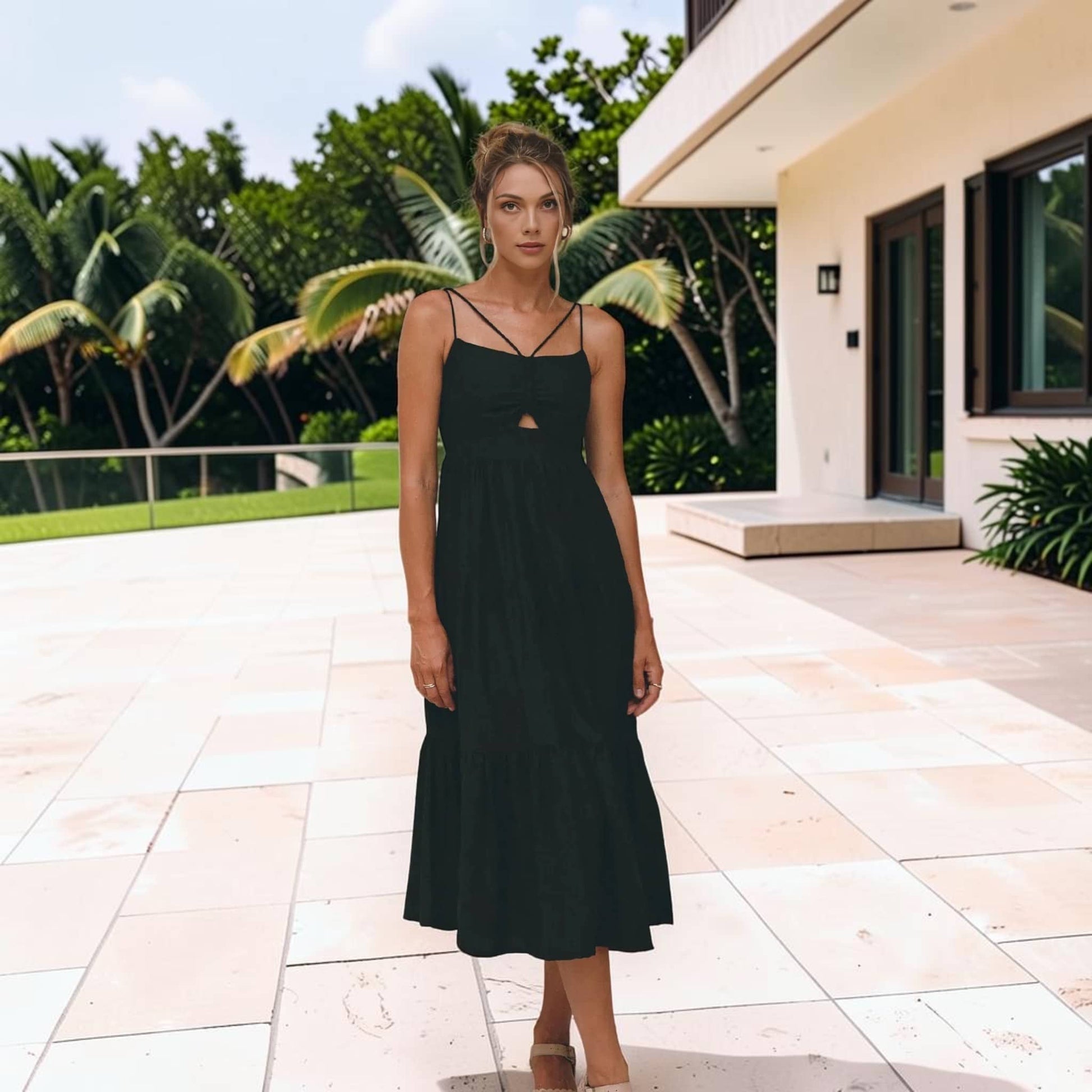 Tiered Linen Midi Dress, Spaghetti Strap