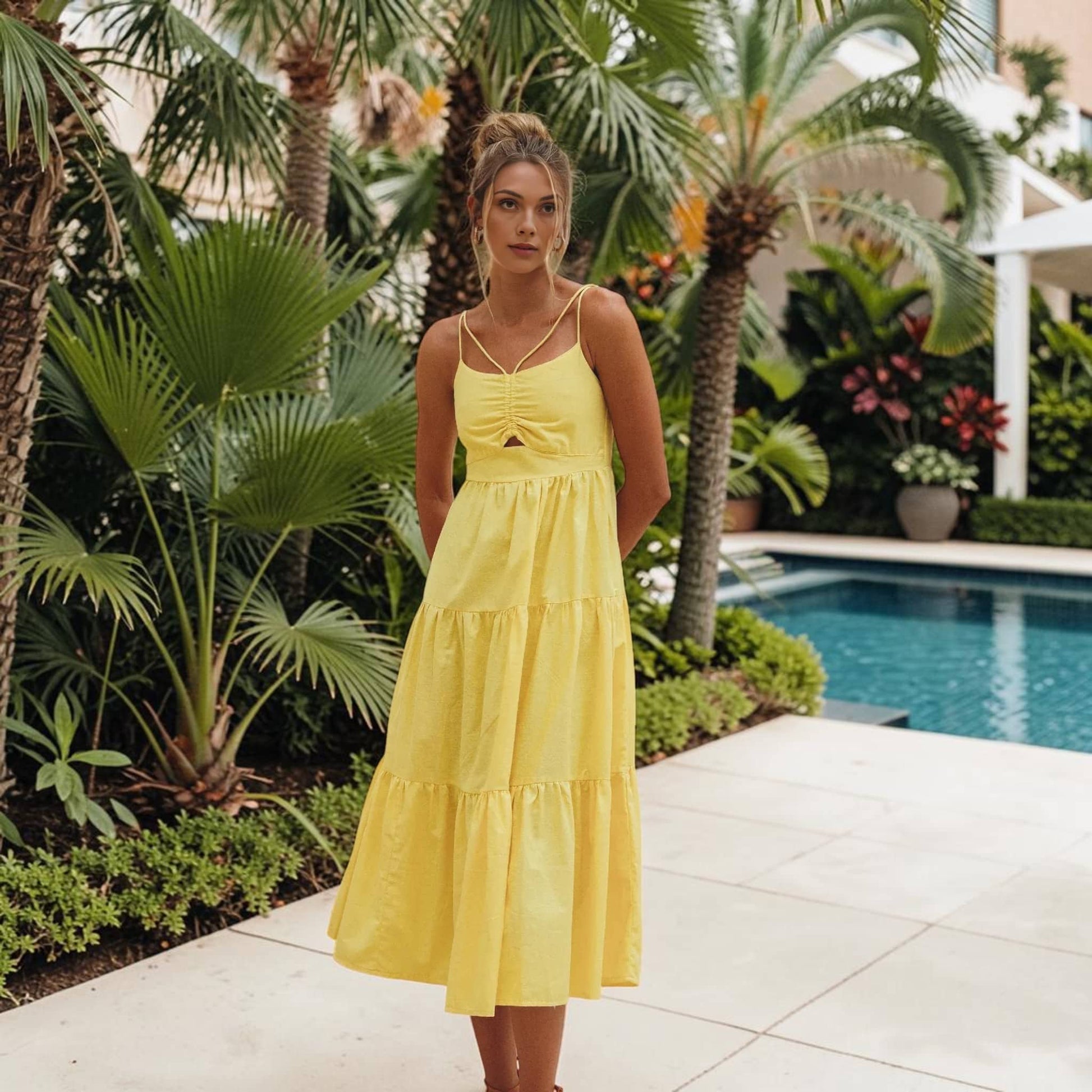Tiered Linen Midi Dress, Spaghetti Strap