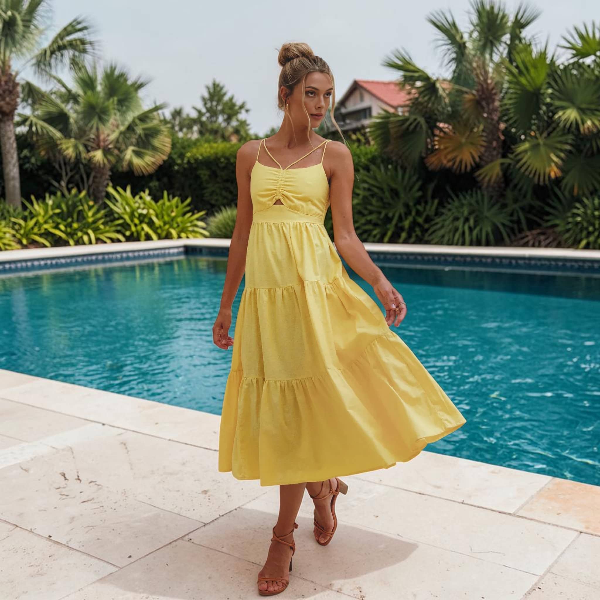 Tiered Linen Midi Dress, Spaghetti Strap