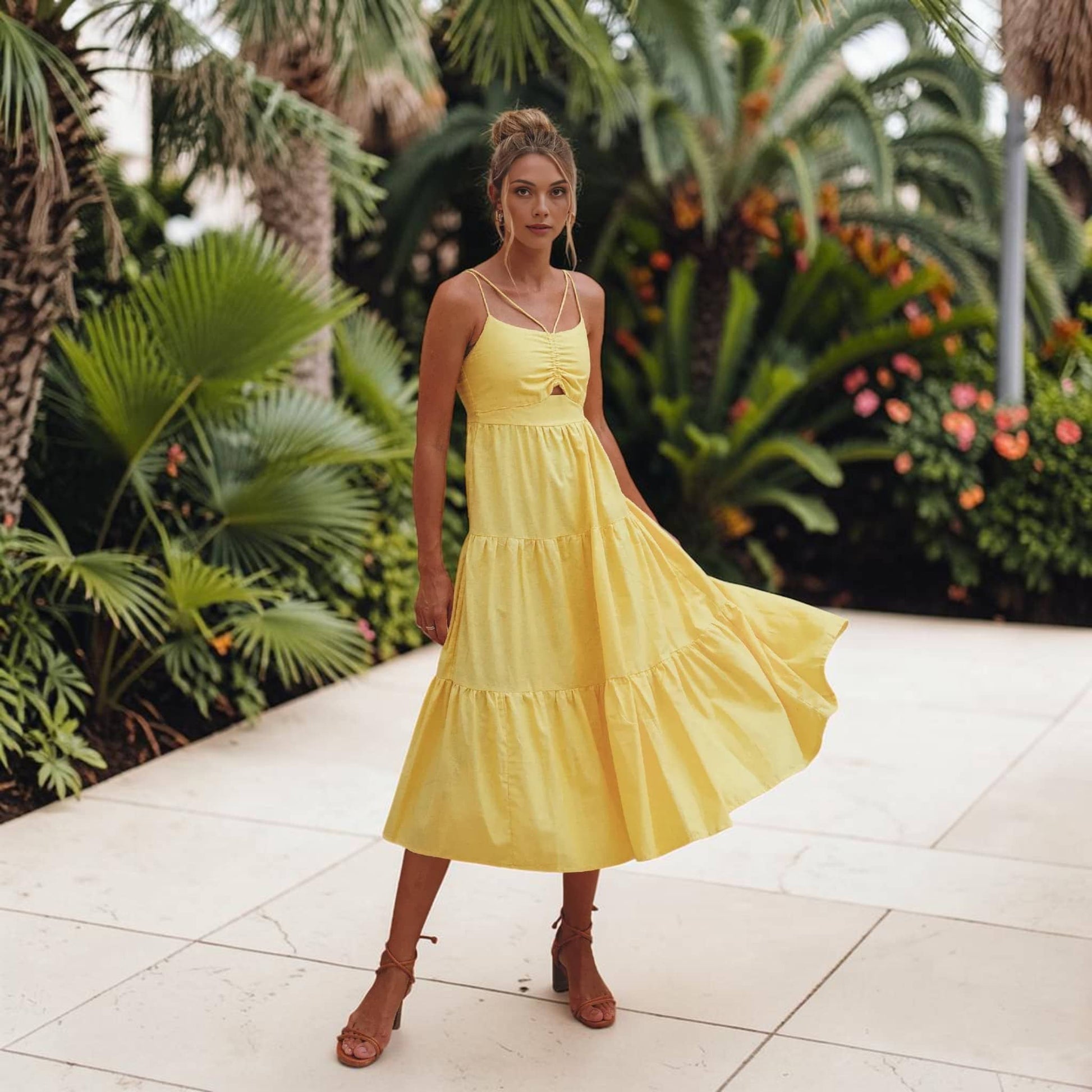 Tiered Linen Midi Dress, Spaghetti Strap