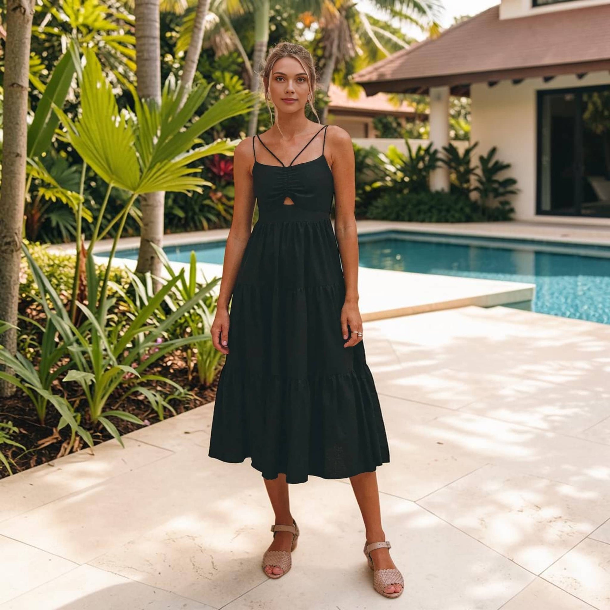 Tiered Linen Midi Dress, Spaghetti Strap