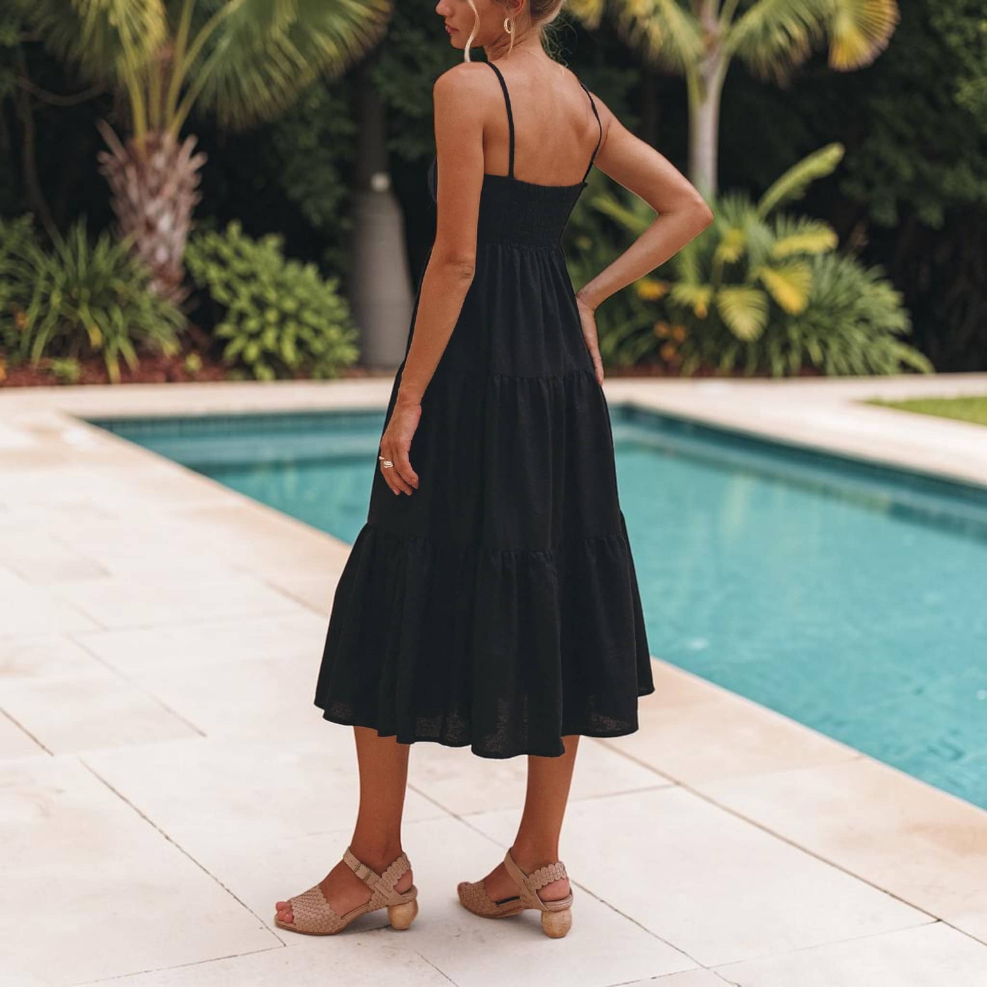 Tiered Linen Midi Dress, Spaghetti Strap