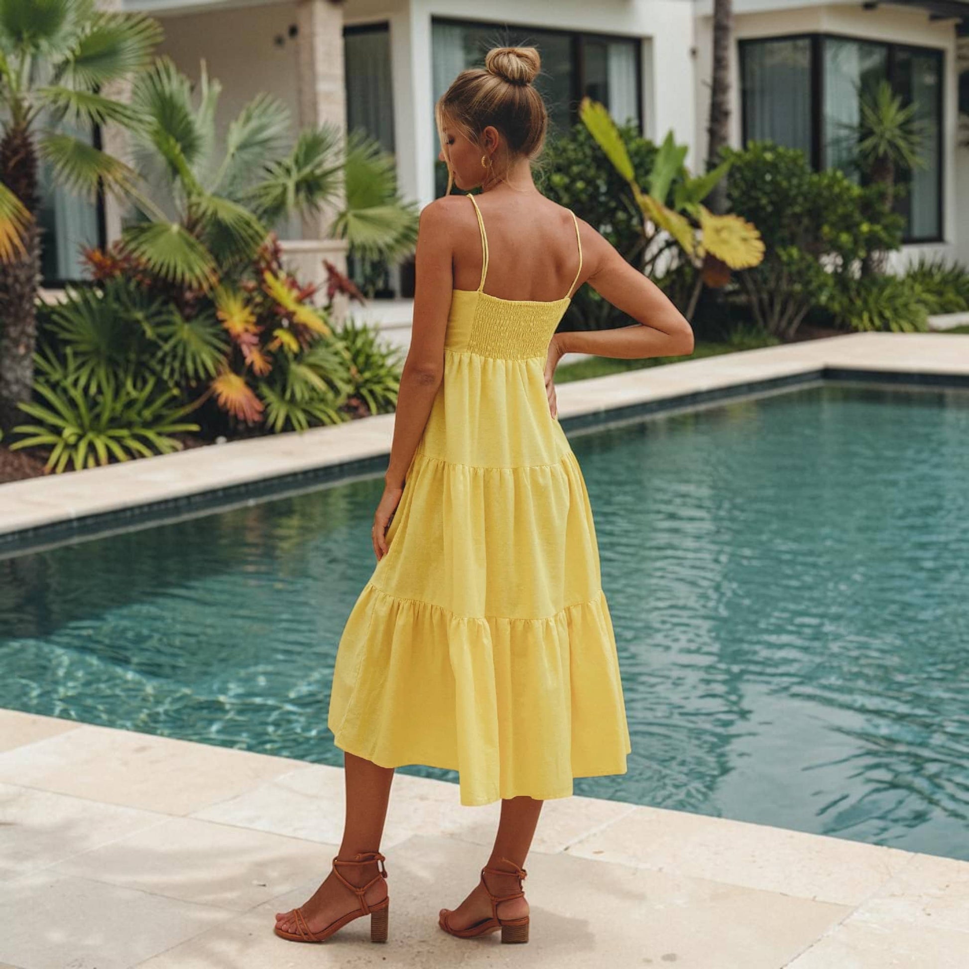Tiered Linen Midi Dress, Spaghetti Strap