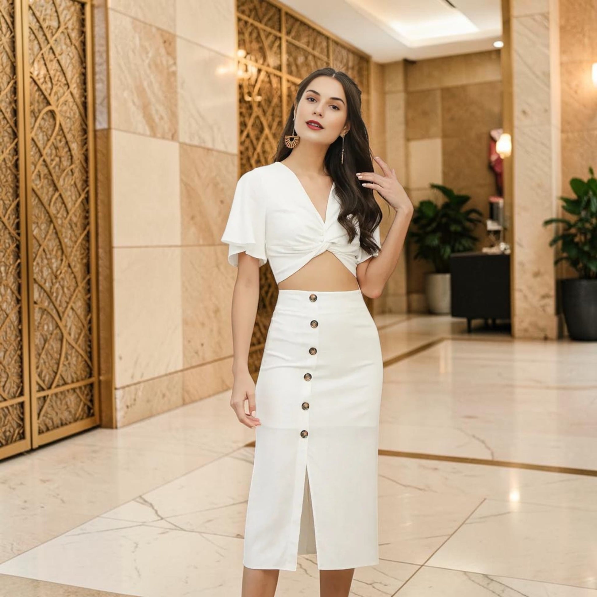 Twist Front Linen Crop Top, Flutter Sleeve