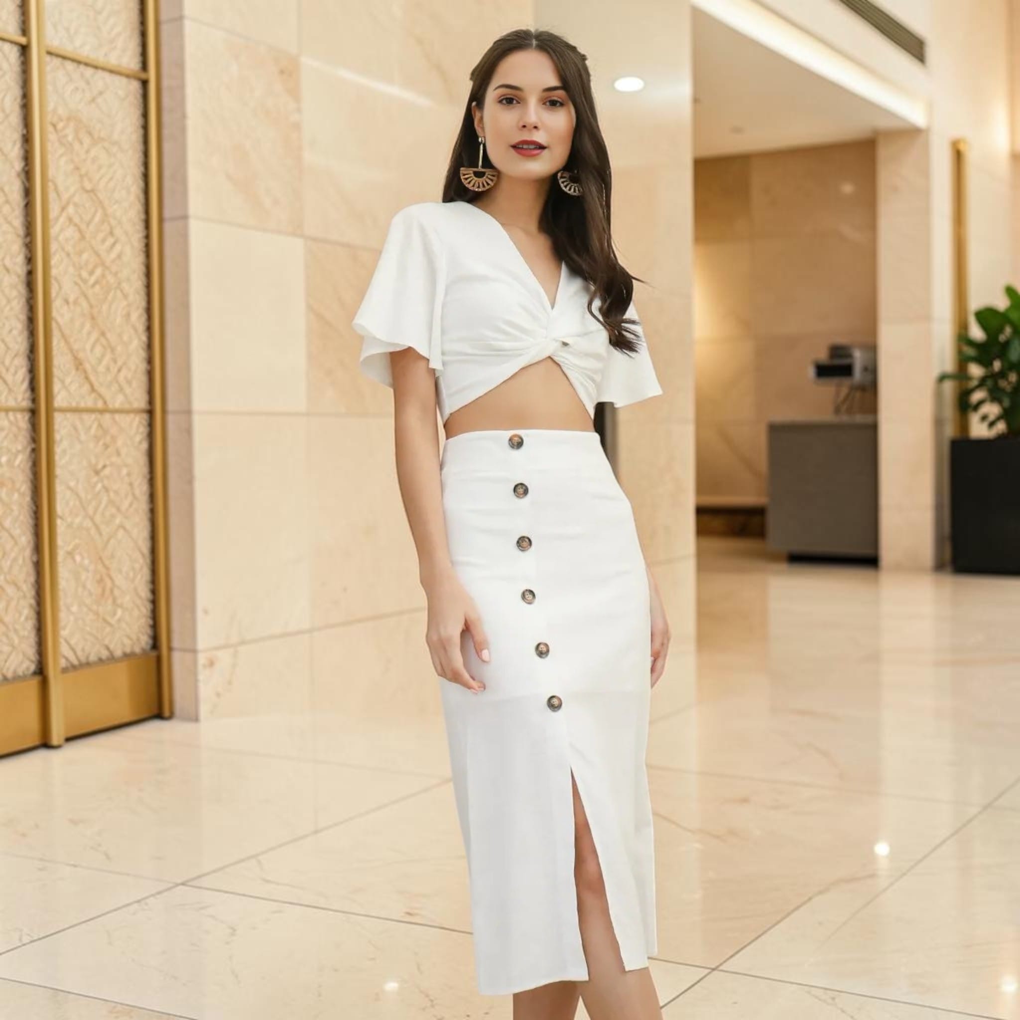 Twist Front Linen Crop Top, Flutter Sleeve