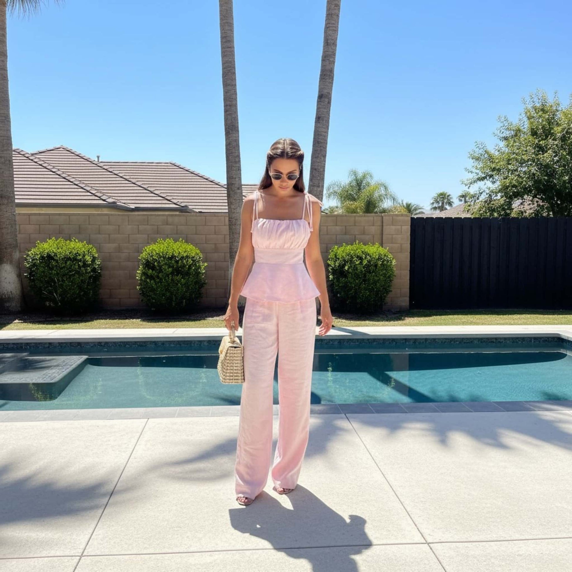 Two Piece Linen Set, Peplum Cami Top And Wide Leg Pants Set