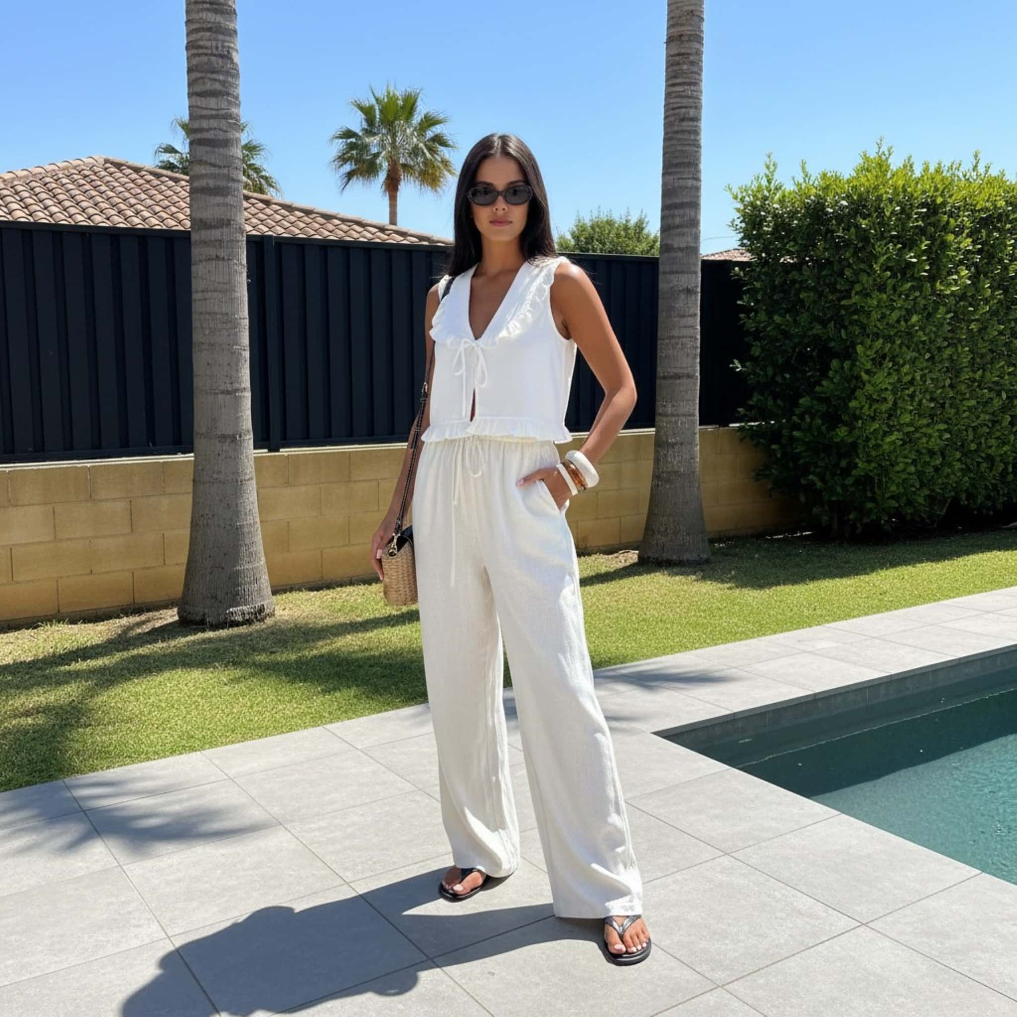 Two Piece Linen Set, Sleeveless Ruffle Top And Wide Leg Pants Set