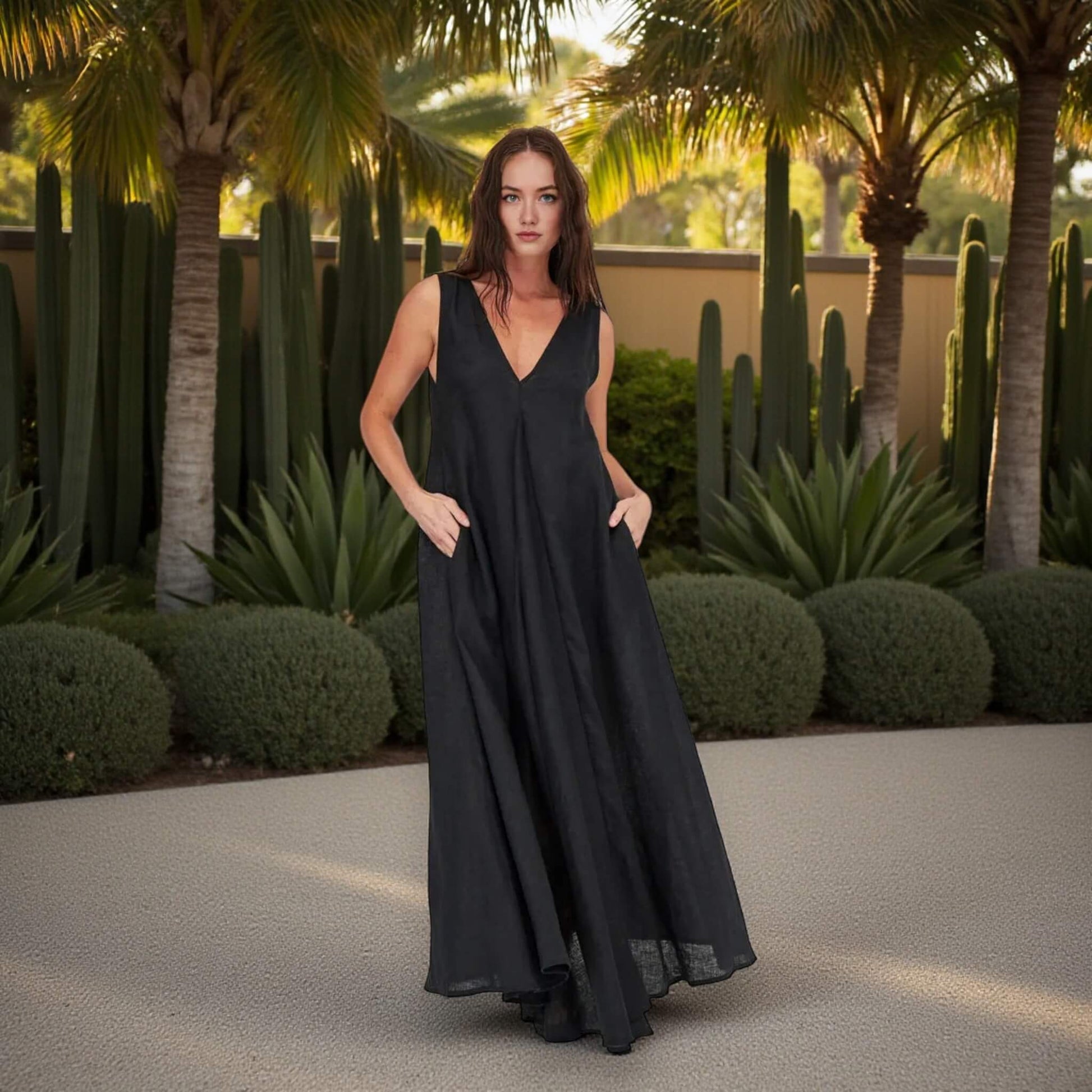 V Back Linen Maxi Dress, Summer Maxi Dress
