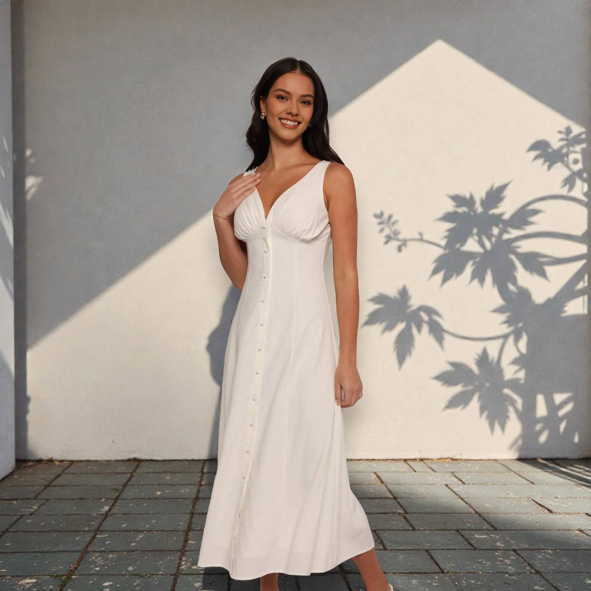 V Neck Button Front Maxi Dress, Sleeveless Linen Maxi Dress