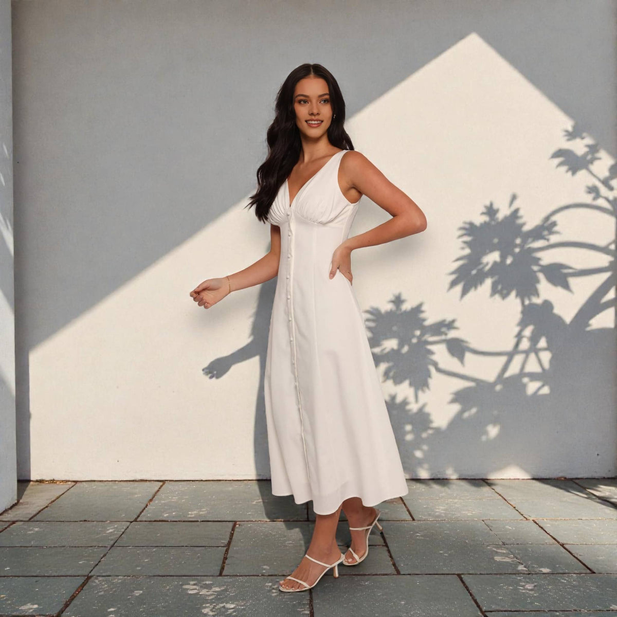 V Neck Button Front Maxi Dress, Sleeveless Linen Maxi Dress