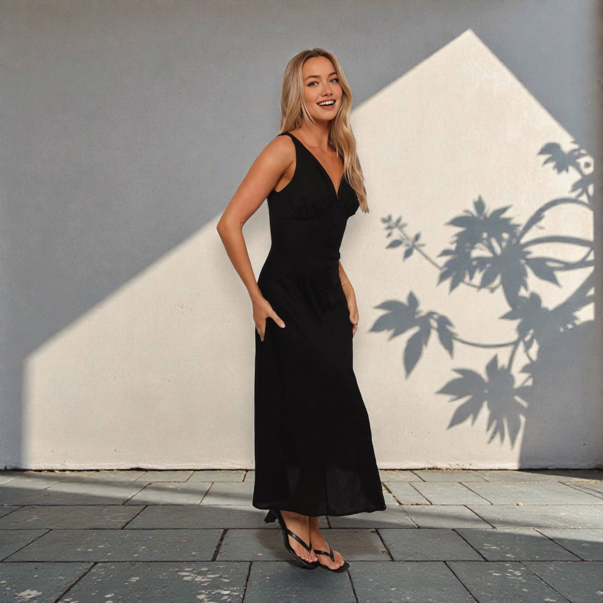 V Neck Button Front Maxi Dress, Sleeveless Linen Maxi Dress