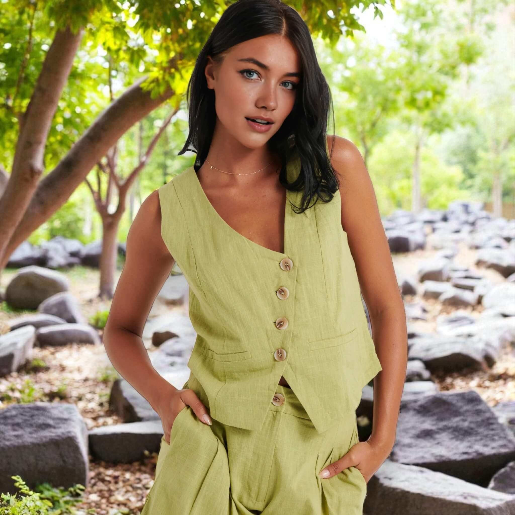 V-Neck Cropped Linen Vest, Linen Button-Front Waistcoat 