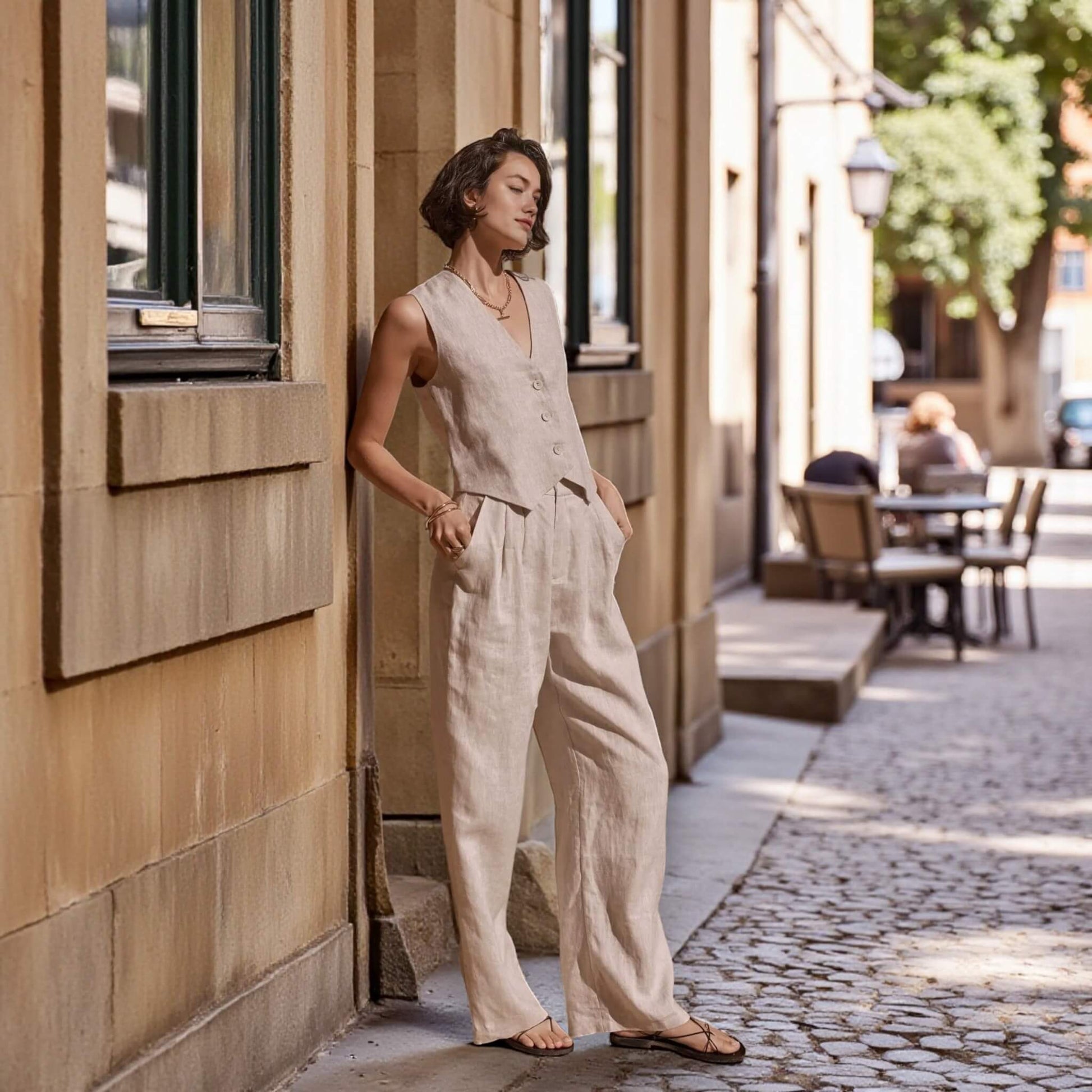 V Neck Cropped Linen Vest, Sleeveless Linen Vest Top