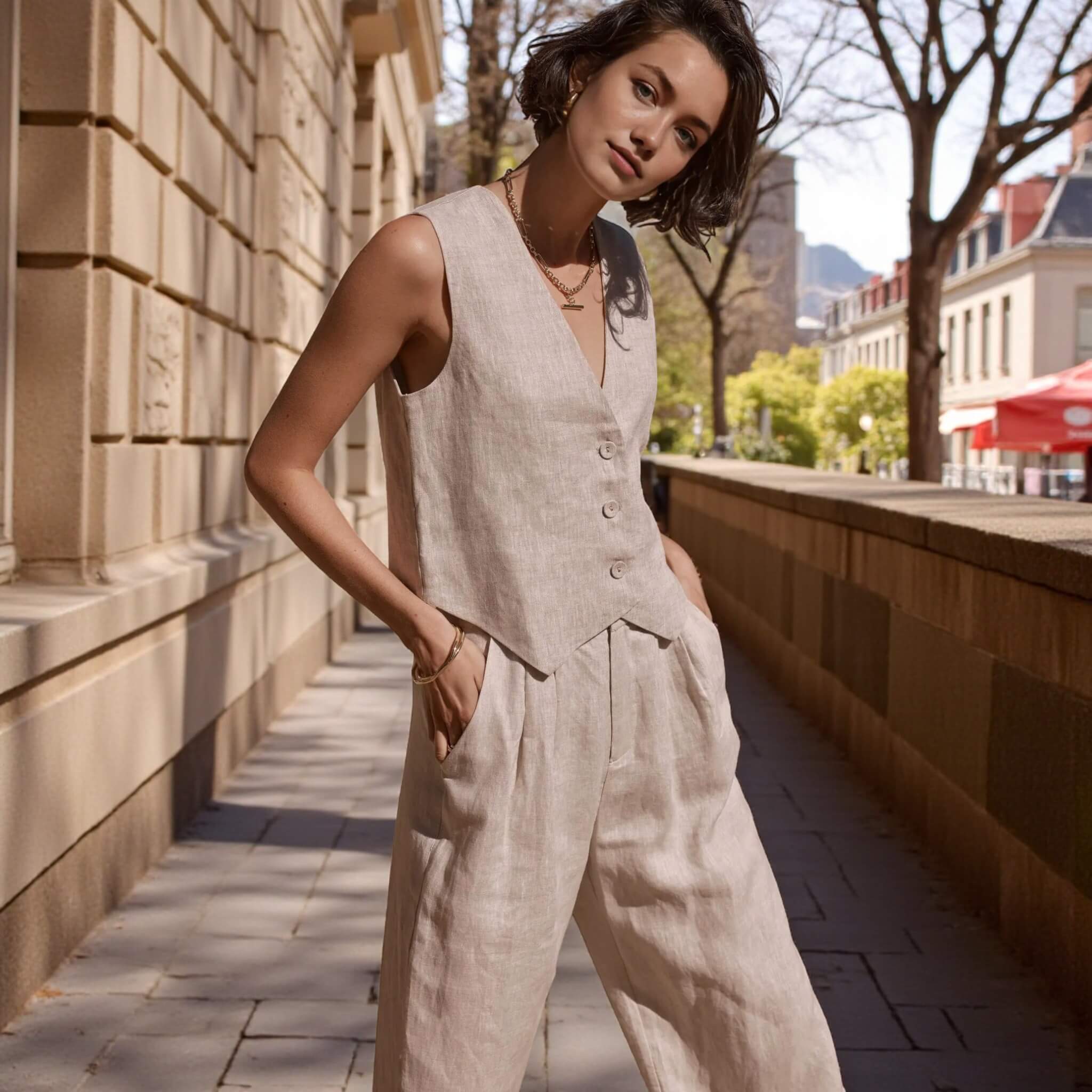 V Neck Cropped Linen Vest, Sleeveless Linen Vest Top