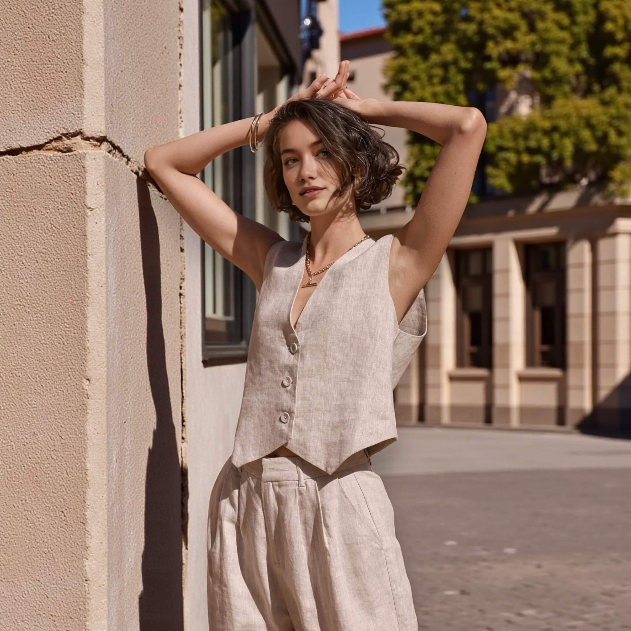 V Neck Cropped Linen Vest, Sleeveless Linen Vest Top