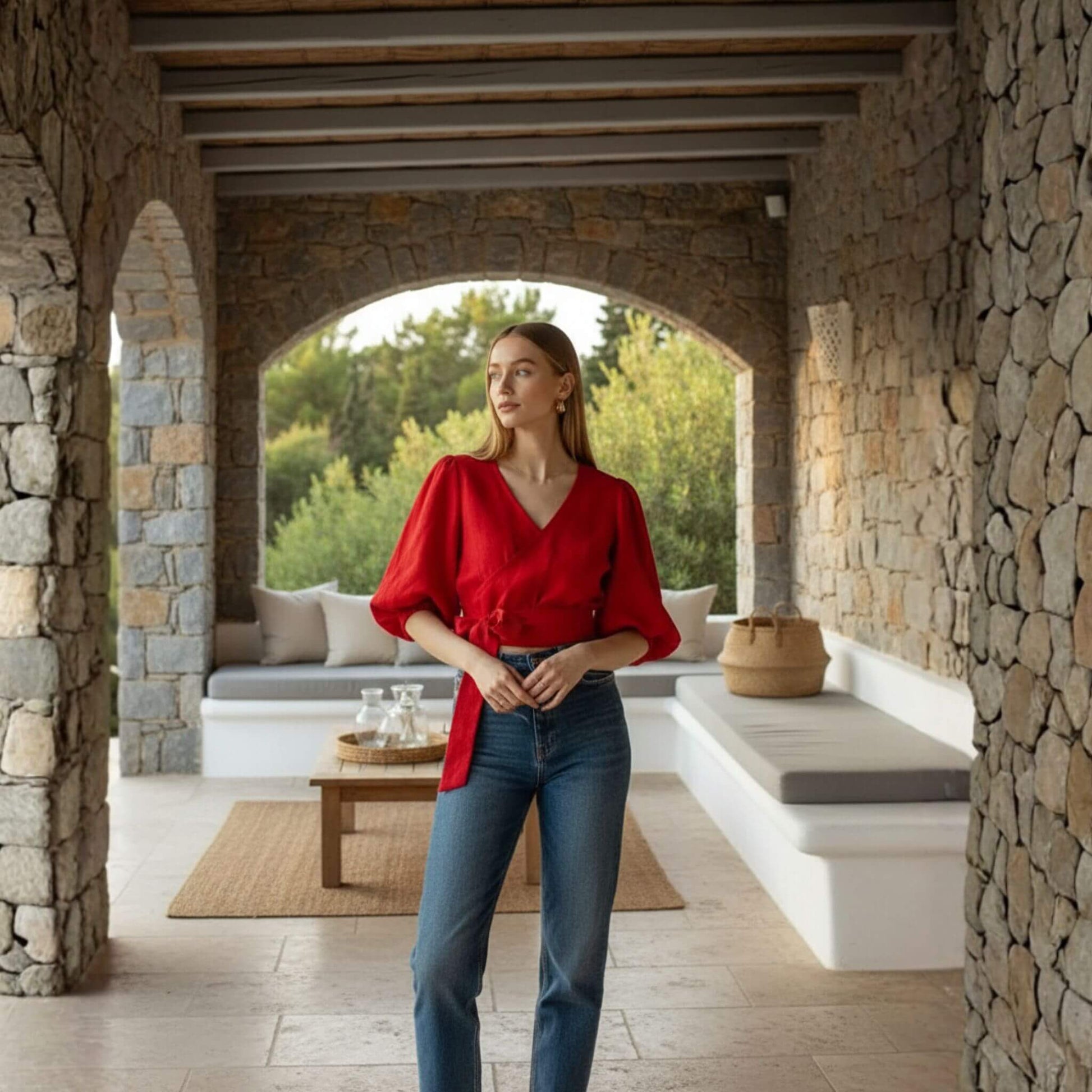 V Neck Linen Crop Top, Puff Sleeve Linen Wrap Top