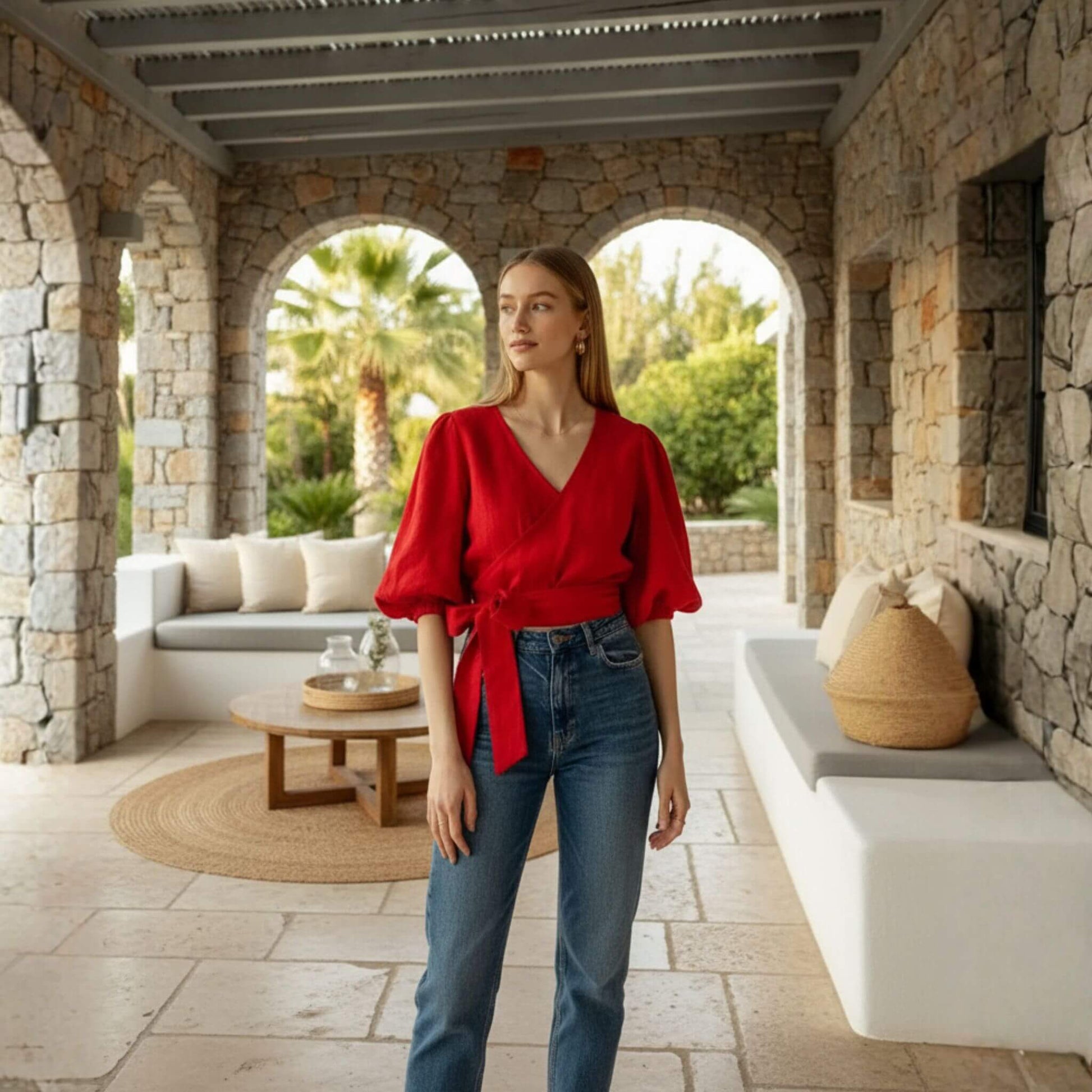 V Neck Linen Crop Top, Puff Sleeve Linen Wrap Top