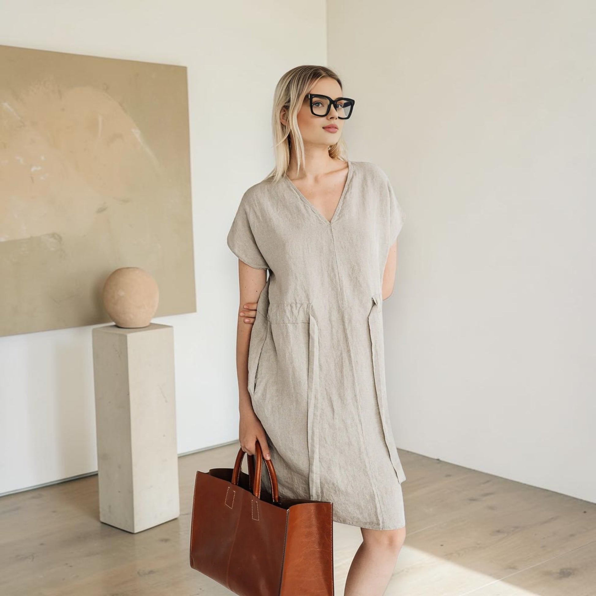 V-Neck Linen Dress, Drawstring-Waist Cap-Sleeve