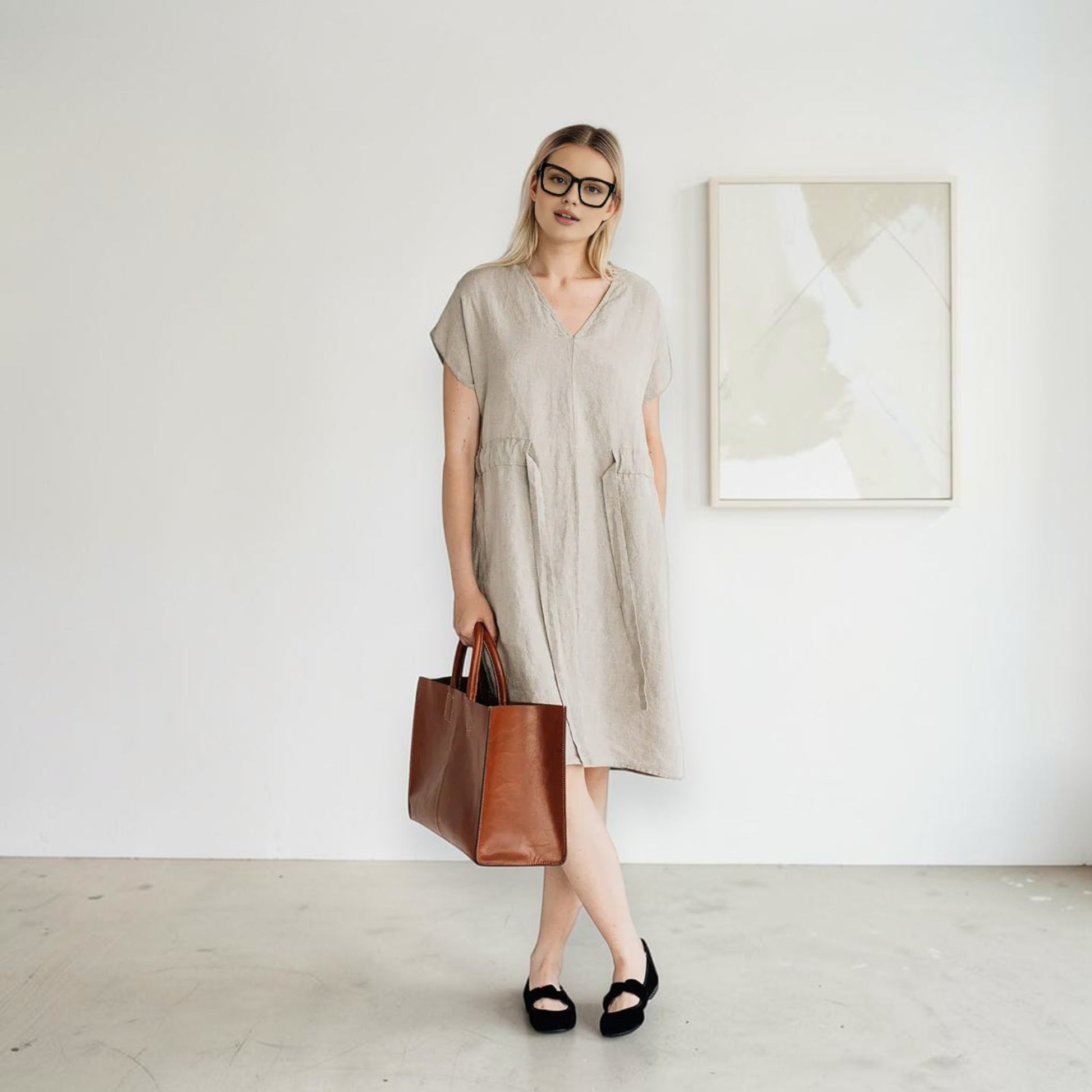 V-Neck Linen Dress, Drawstring-Waist Cap-Sleeve
