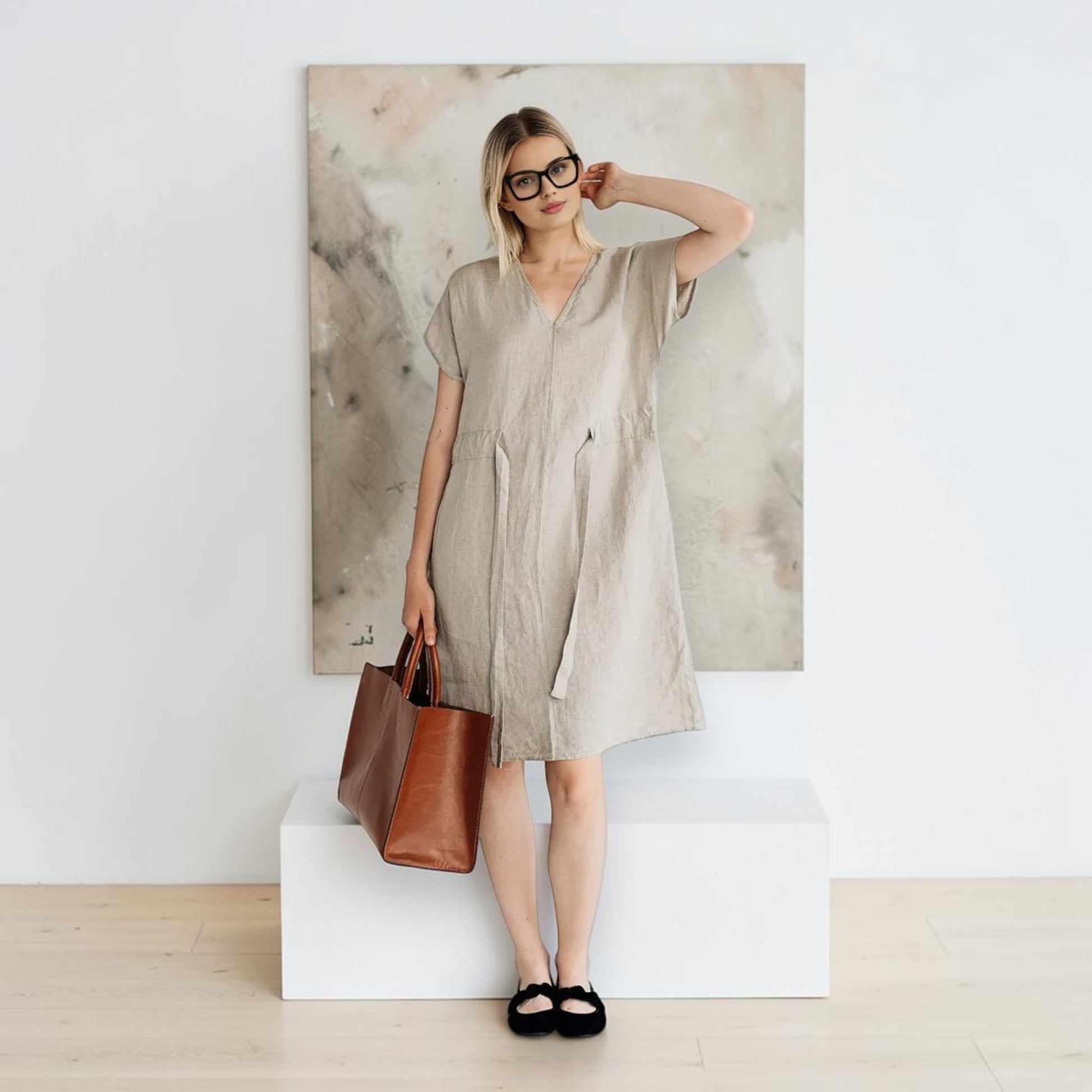 V-Neck Linen Dress, Drawstring-Waist Cap-Sleeve