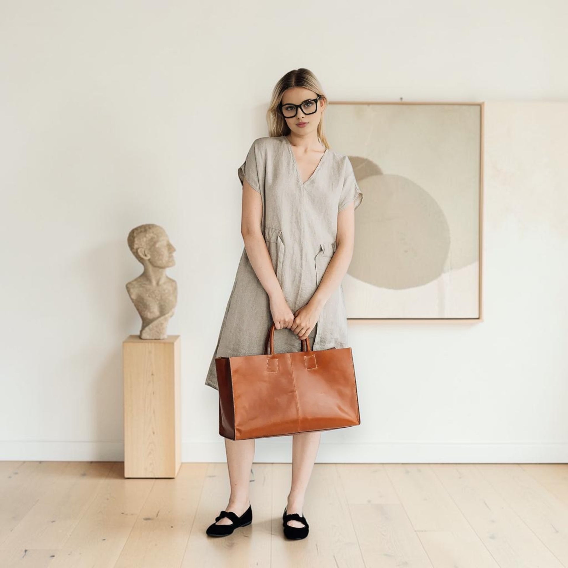 V-Neck Linen Dress, Drawstring-Waist Cap-Sleeve
