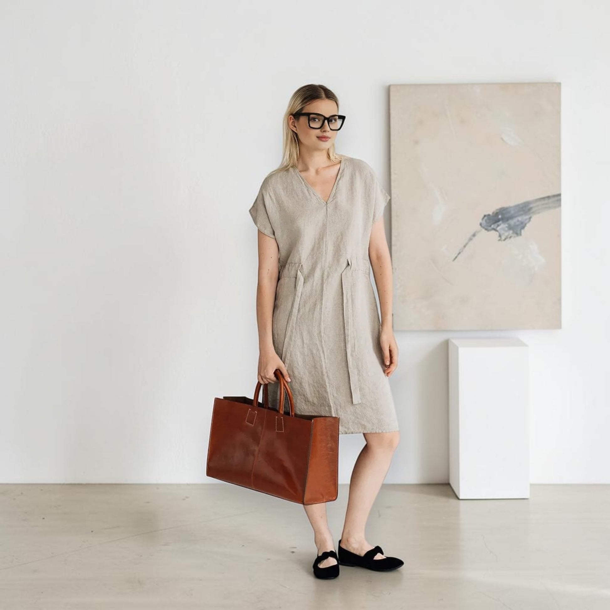 V-Neck Linen Dress, Drawstring-Waist Cap-Sleeve