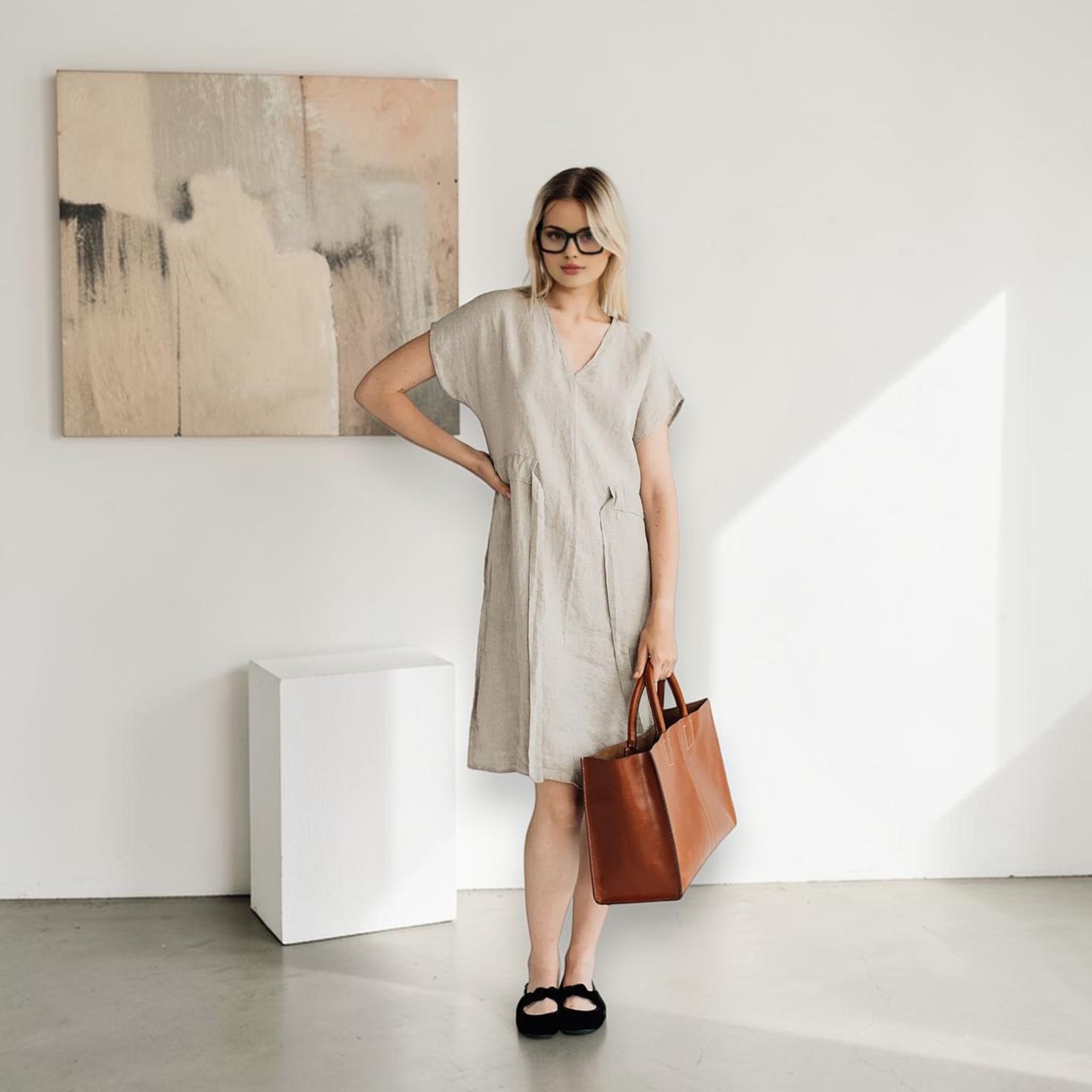 V-Neck Linen Dress, Drawstring-Waist Cap-Sleeve