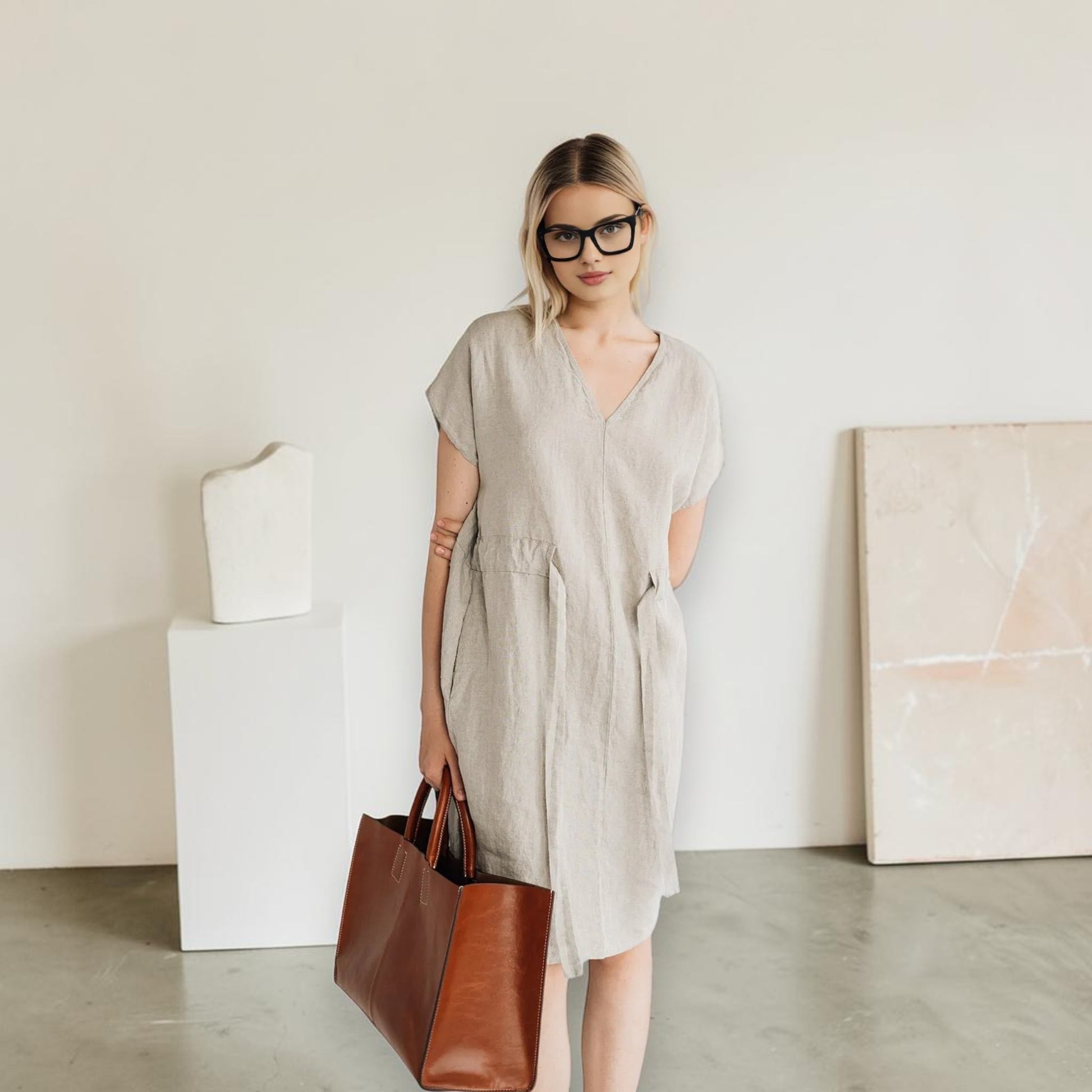 V-Neck Linen Dress, Drawstring-Waist Cap-Sleeve