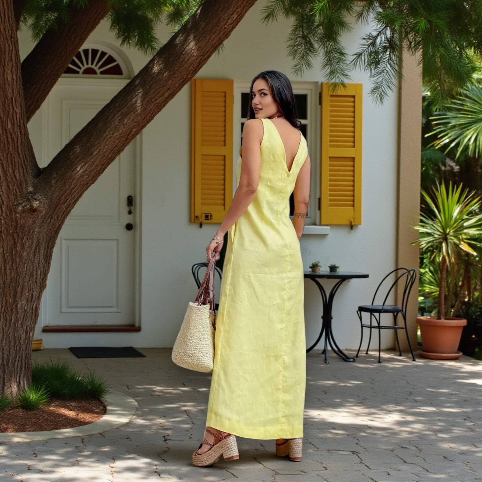 V Neck Linen Dress, Slit Linen Maxi Dress