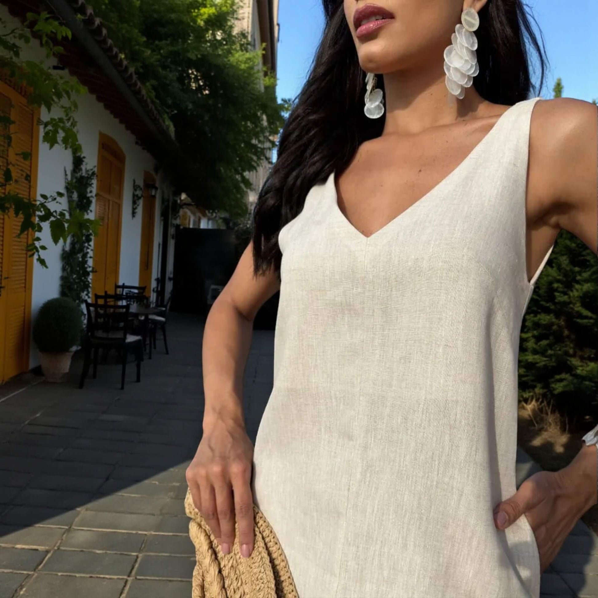 V Neck Linen Dress, Slit Linen Maxi Dress