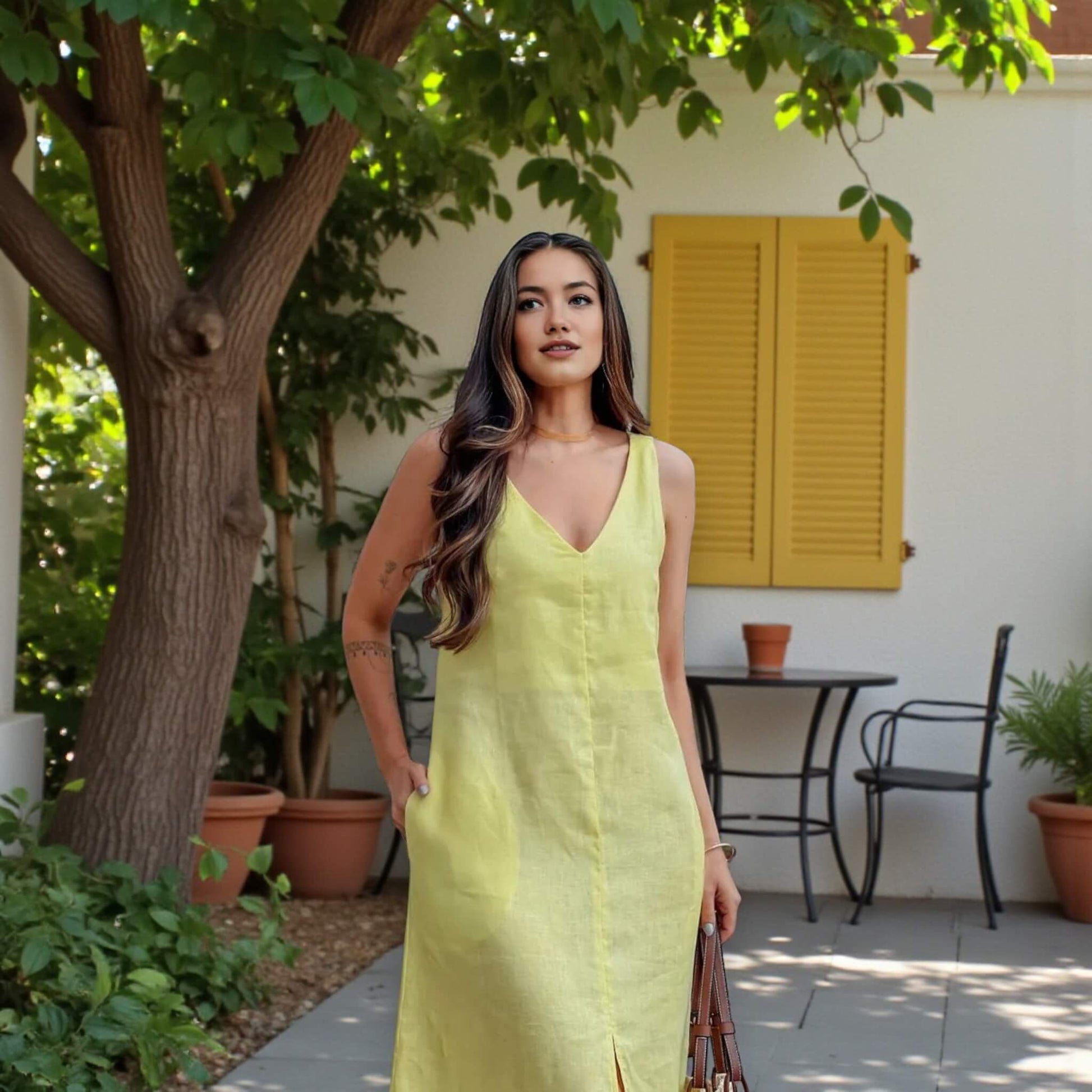 V Neck Linen Dress, Slit Linen Maxi Dress