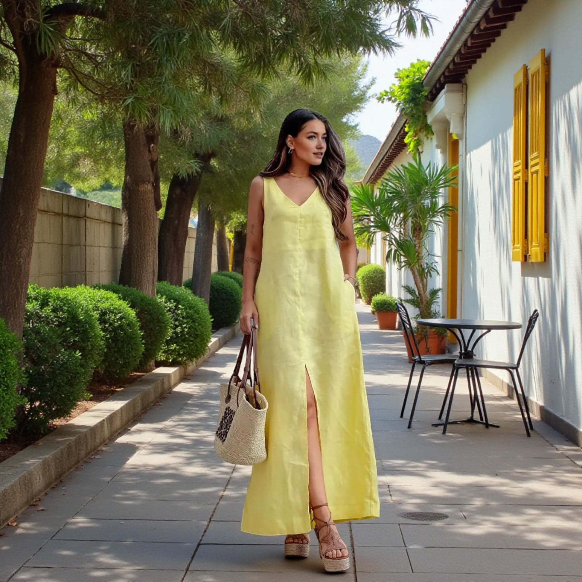 V Neck Linen Dress, Slit Linen Maxi Dress