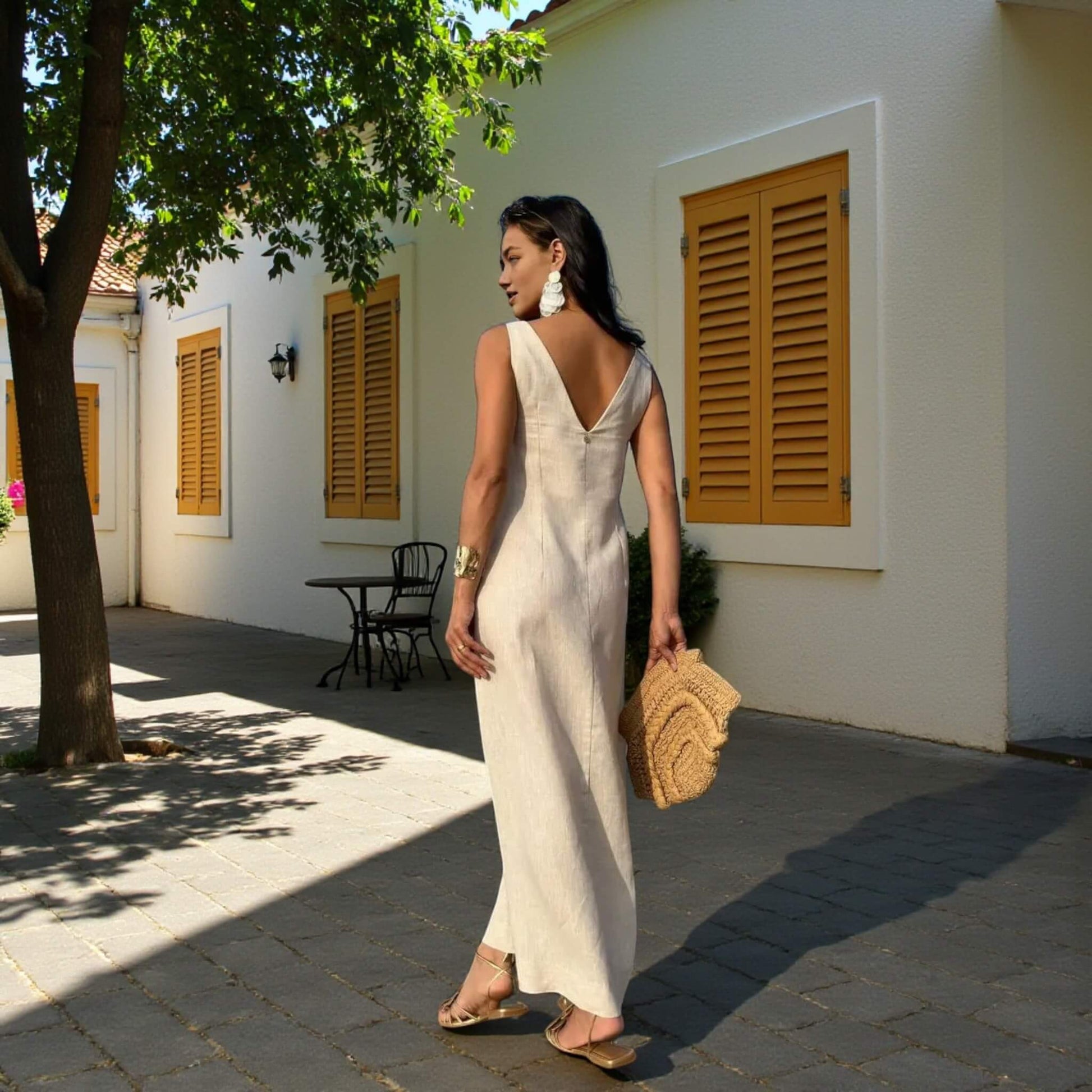 V Neck Linen Dress, Slit Linen Maxi Dress