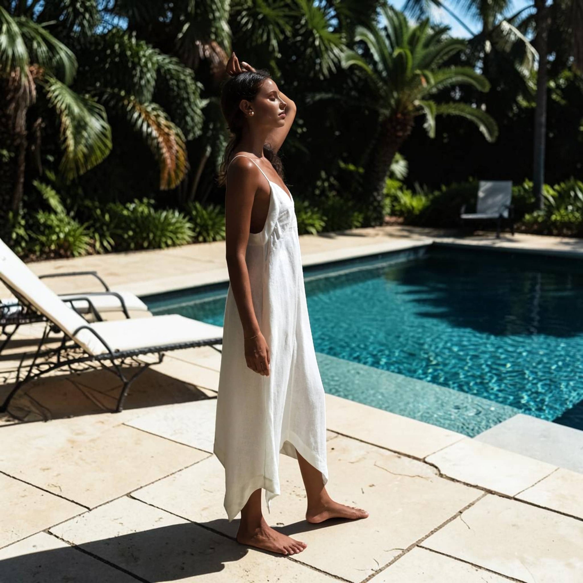 V-Neck Linen Maxi Dress, Asymmetric Handkerchief Hem