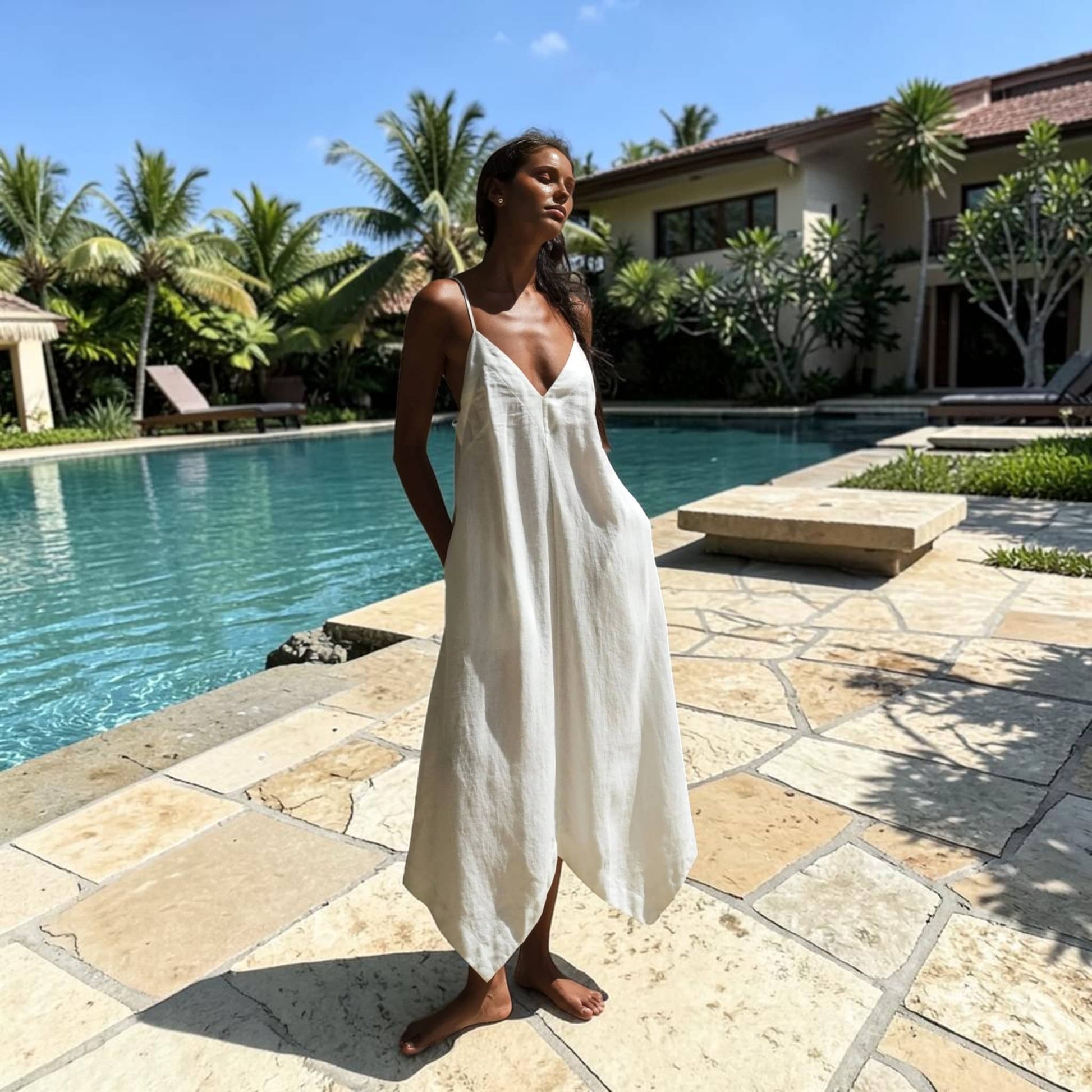 V-Neck Linen Maxi Dress, Asymmetric Handkerchief Hem