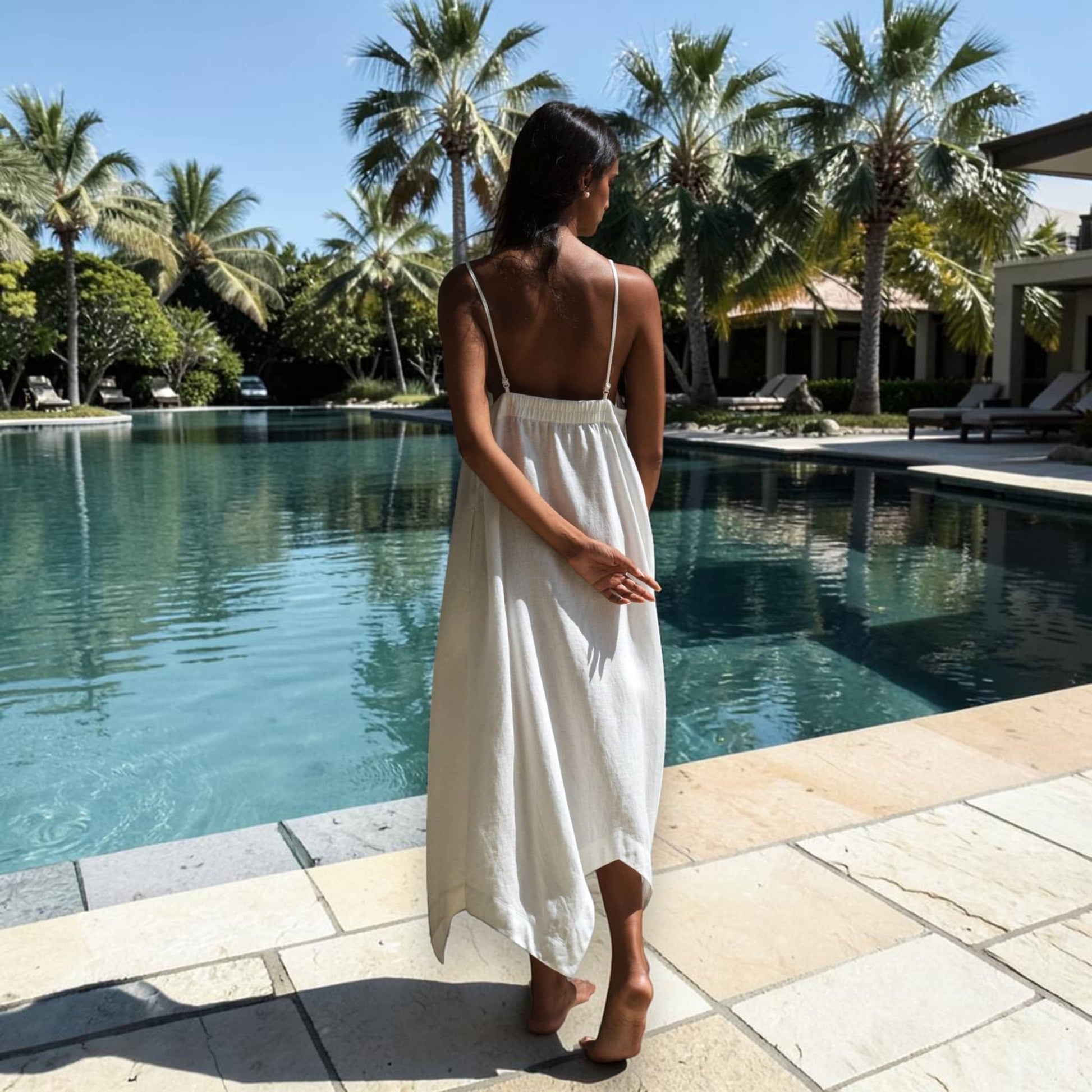 V-Neck Linen Maxi Dress, Asymmetric Handkerchief Hem