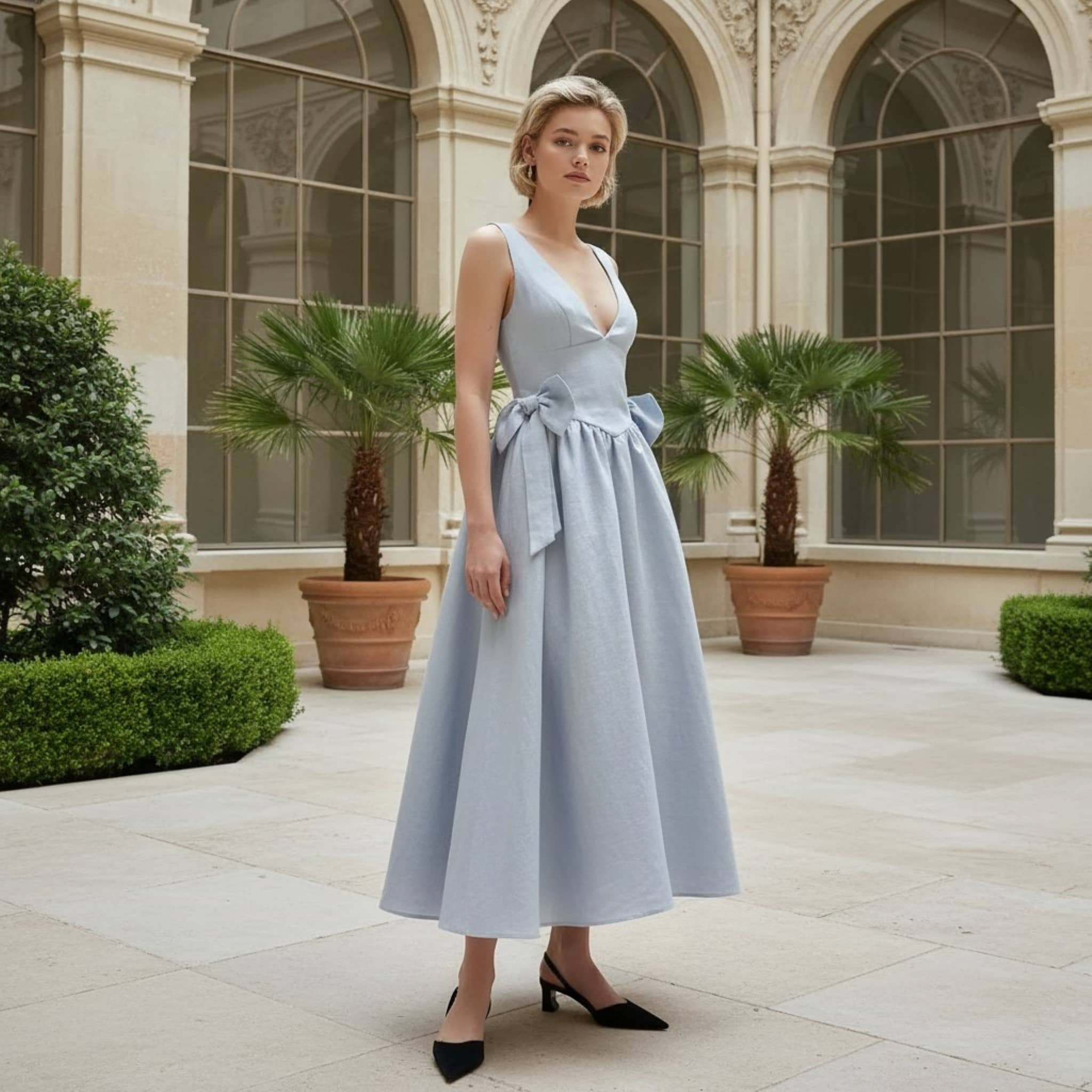 V Neck Linen Maxi Dress, Linen Bow Waist Maxi Dress