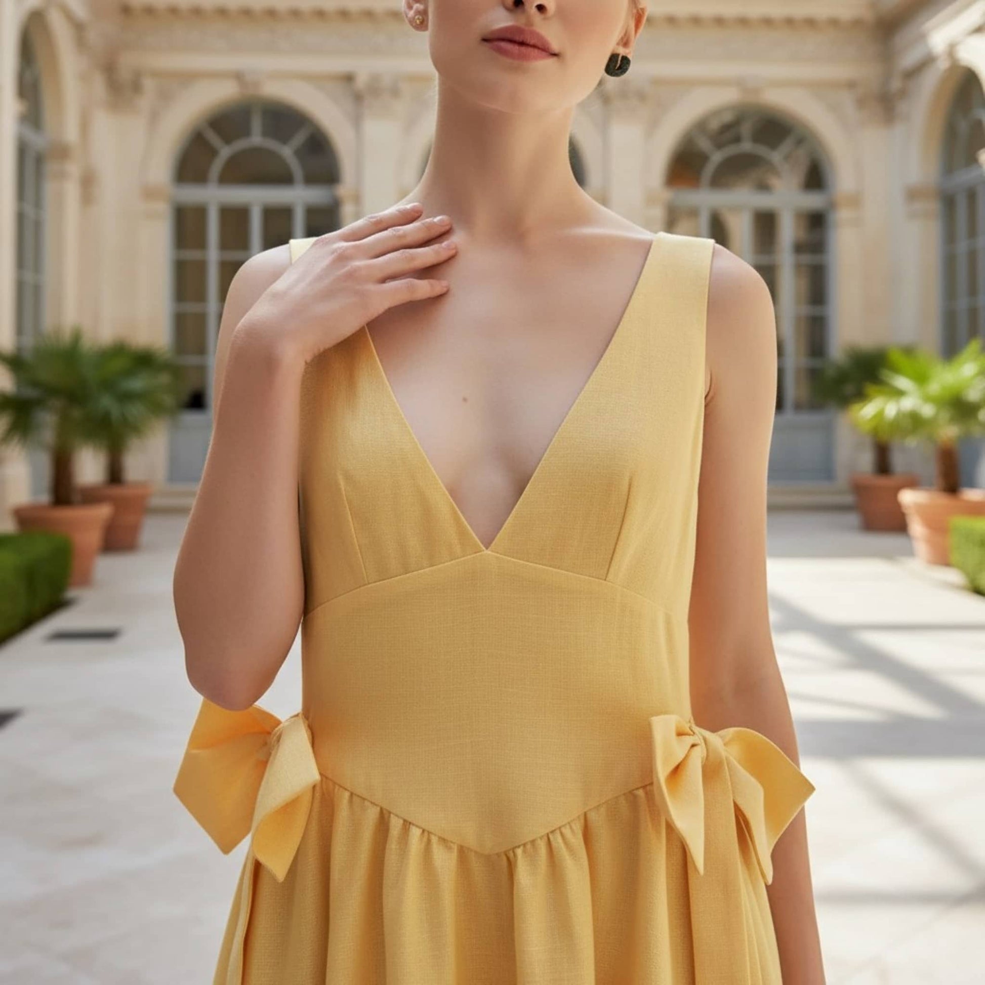 V Neck Linen Maxi Dress, Linen Bow Waist Maxi Dress