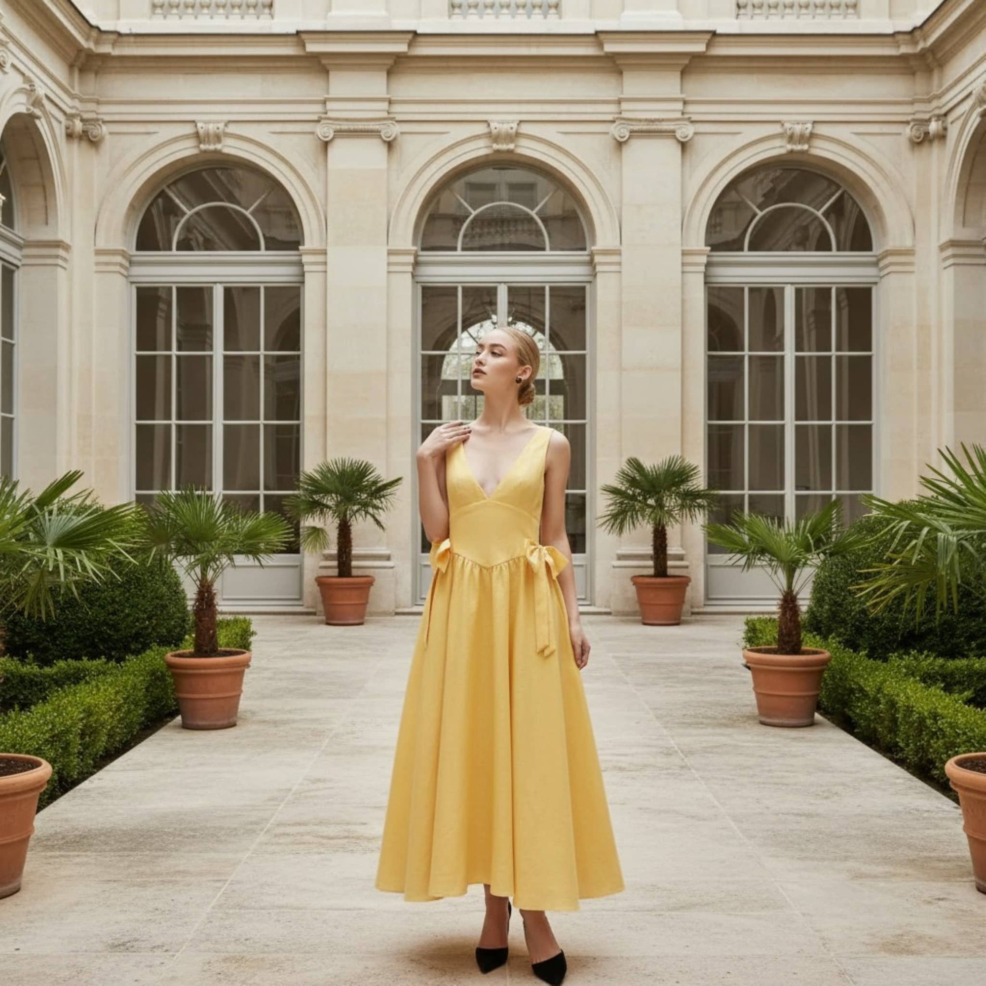 V Neck Linen Maxi Dress, Linen Bow Waist Maxi Dress