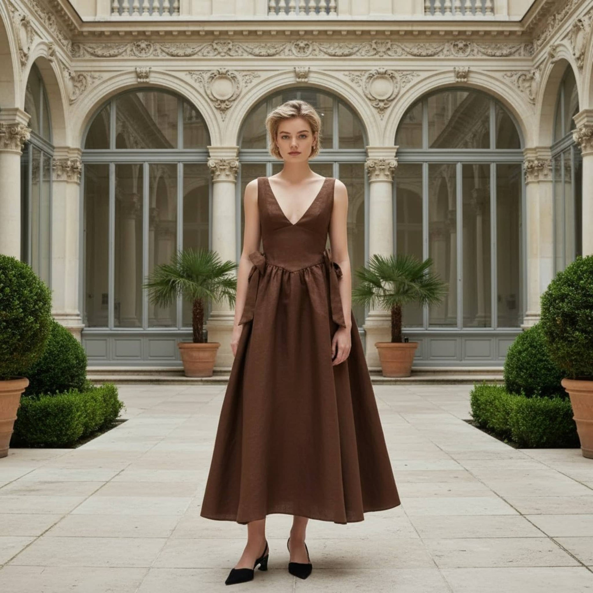 V Neck Linen Maxi Dress, Linen Bow Waist Maxi Dress