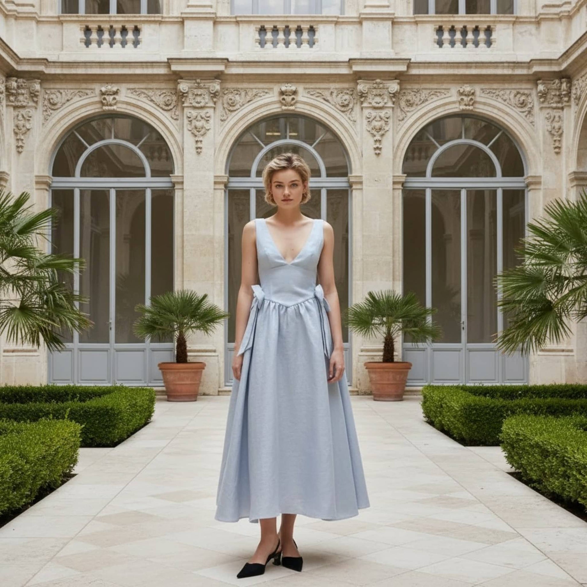 V Neck Linen Maxi Dress, Linen Bow Waist Maxi Dress