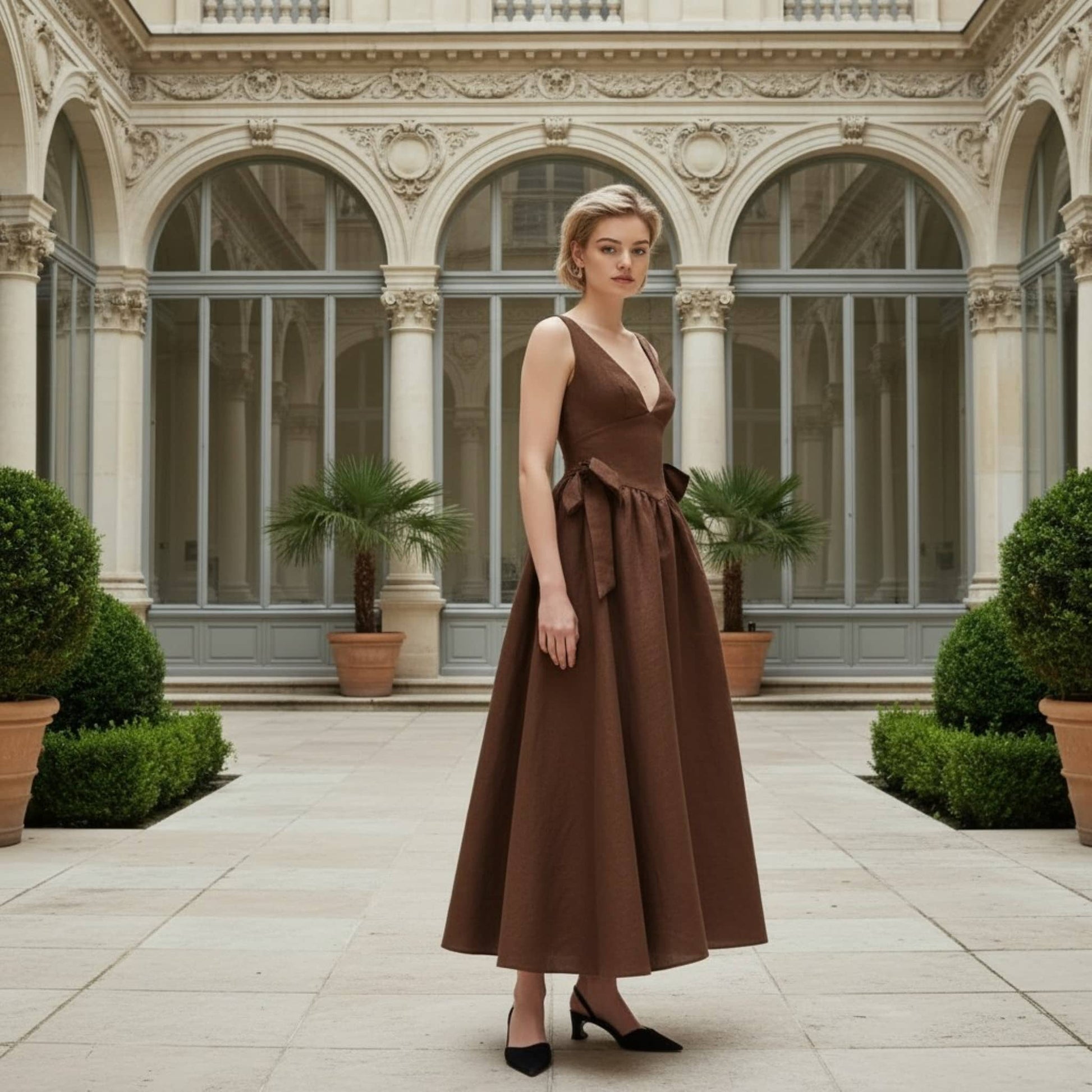 V Neck Linen Maxi Dress, Linen Bow Waist Maxi Dress