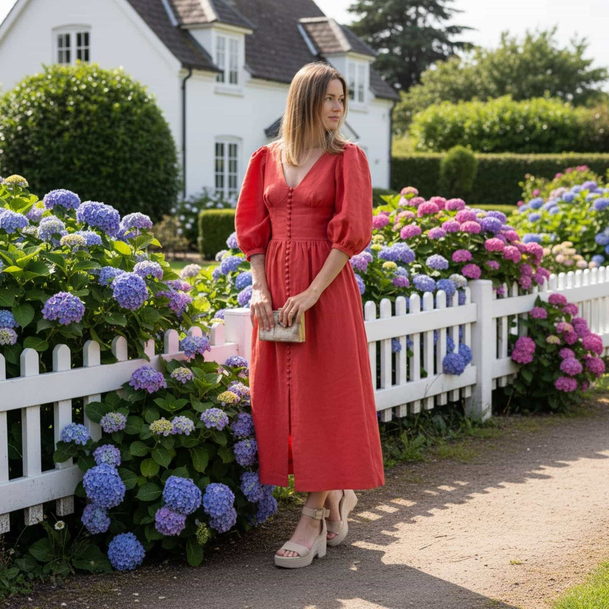 V Neck Linen Maxi Dress, Puff Sleeve Linen Long Dress