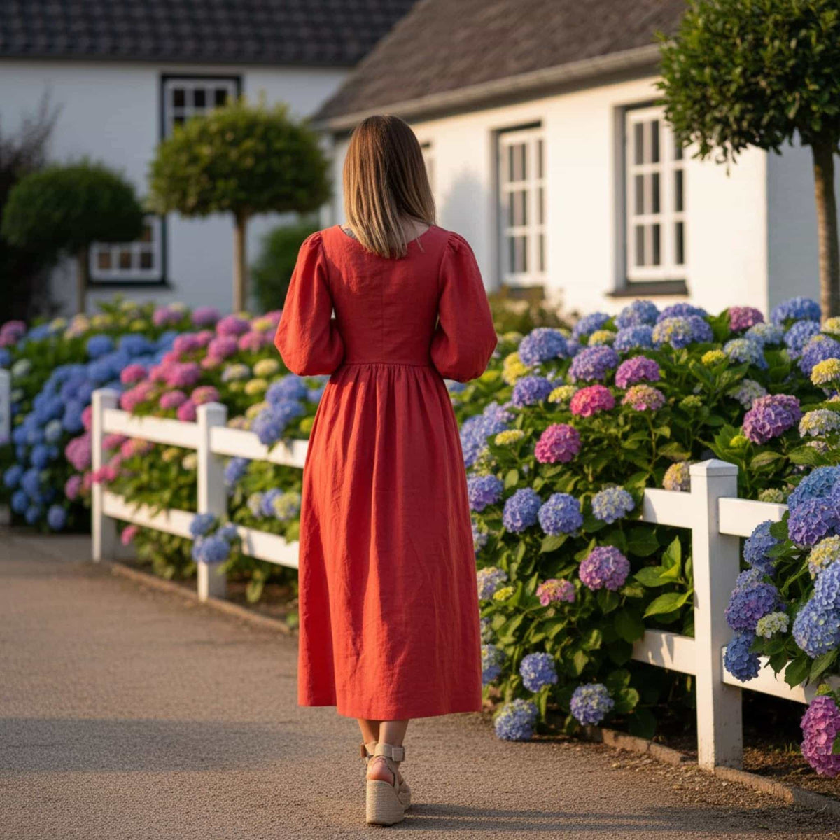 V Neck Linen Maxi Dress, Puff Sleeve Linen Long Dress